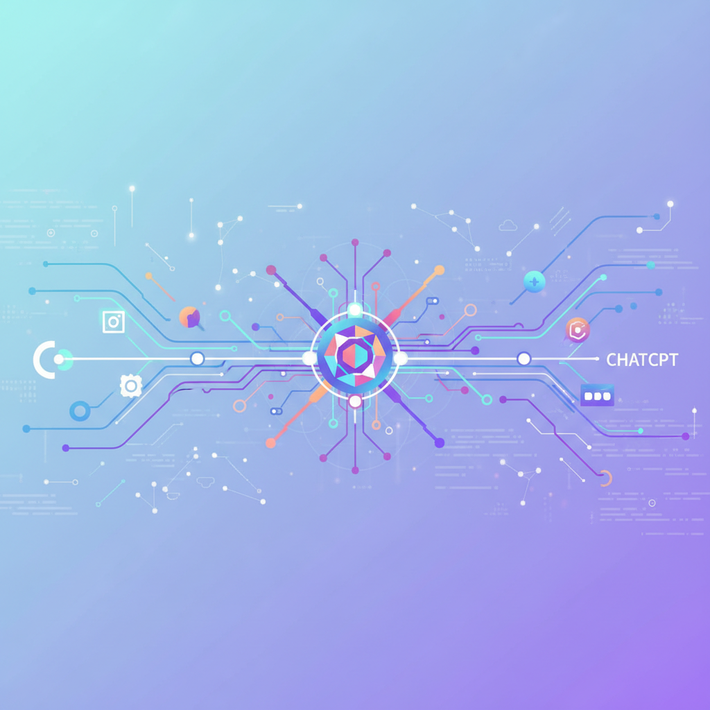 clean infographic, modern layout, high contrast, visually representing the evolution of AI chatbots like ChatGPT, with dynamic lines and abstract symbols indicating growth and innovation. The background is a gradient of soft blues and purples, full of detail. No visible text in image.