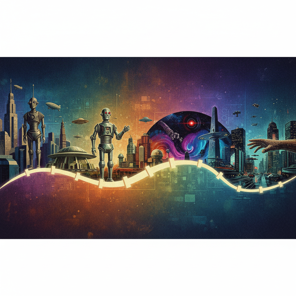 An artistic rendering illustrating a timeline of classic Hollywood AI movies, with iconic robot figures and futuristic cityscapes in a textured, gradient background. No visible text.