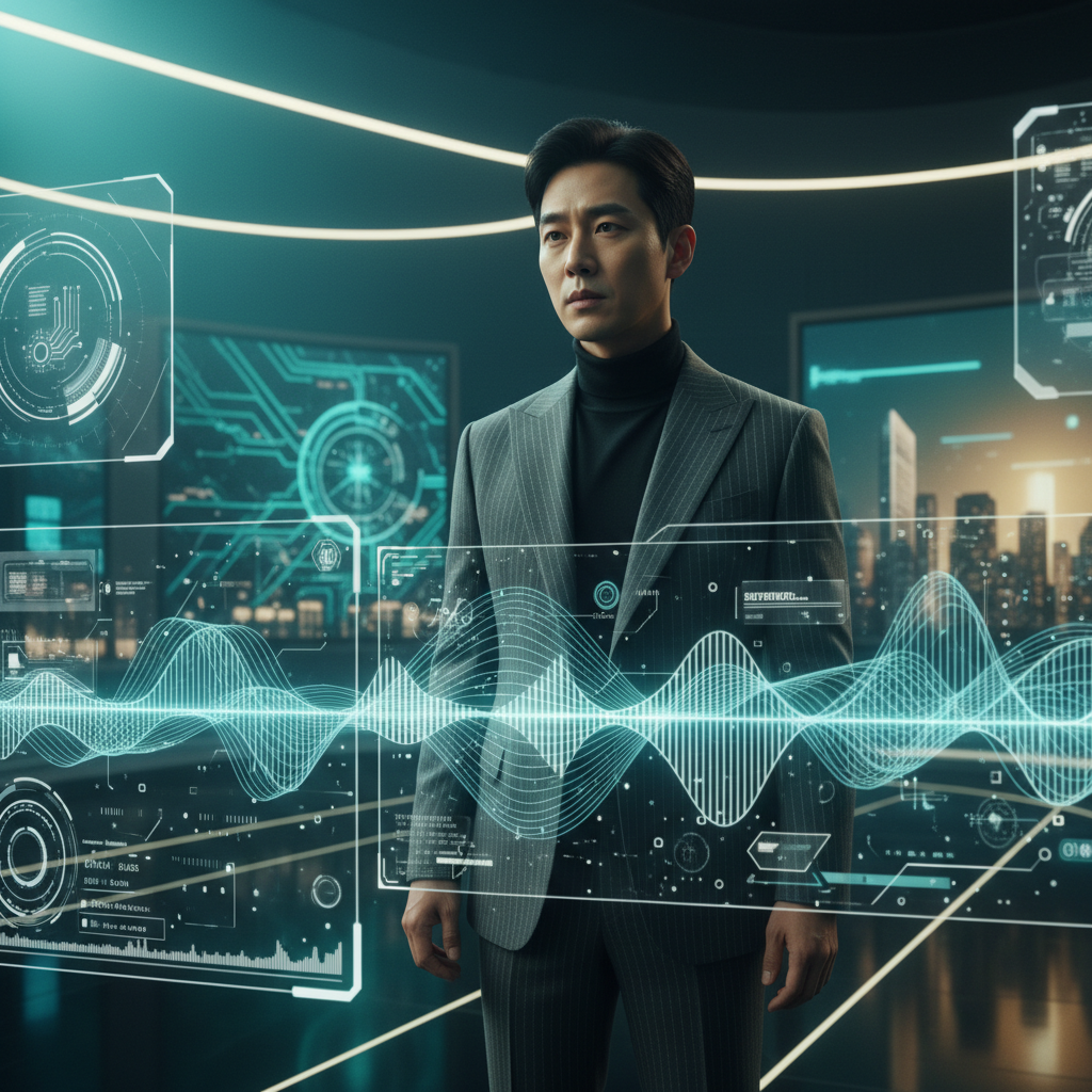 A cinematic scene showing a professional actor in a modern tech environment, surrounded by holographic audio waveforms and digital interfaces. Dramatic lighting with teal and gold gradient background. Korean appearance male actor in sophisticated attire looking at futuristic displays. No text in image.