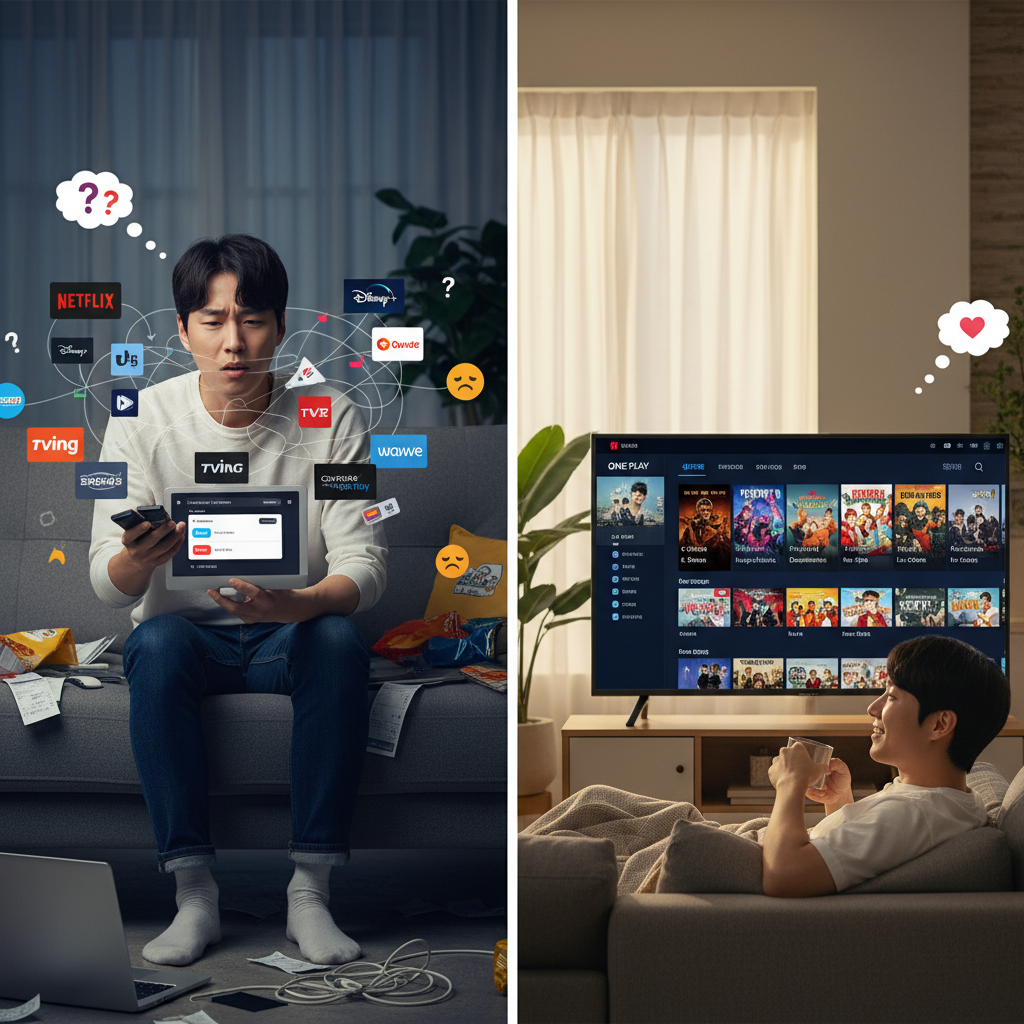 A split image showing two scenarios for a Korean person using a streaming service. One side depicts frustration with multiple subscriptions and confusion (initial friction). The other side shows satisfaction with a unified platform and diverse content (long-term value). Lifestyle photography style, no text.