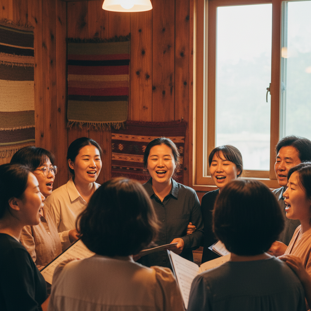 Korean people singing together in a small choir, with expressions of joy and connection, warm lighting, and a textured background. Emphasize interaction and shared emotion. Lifestyle photography, no text.