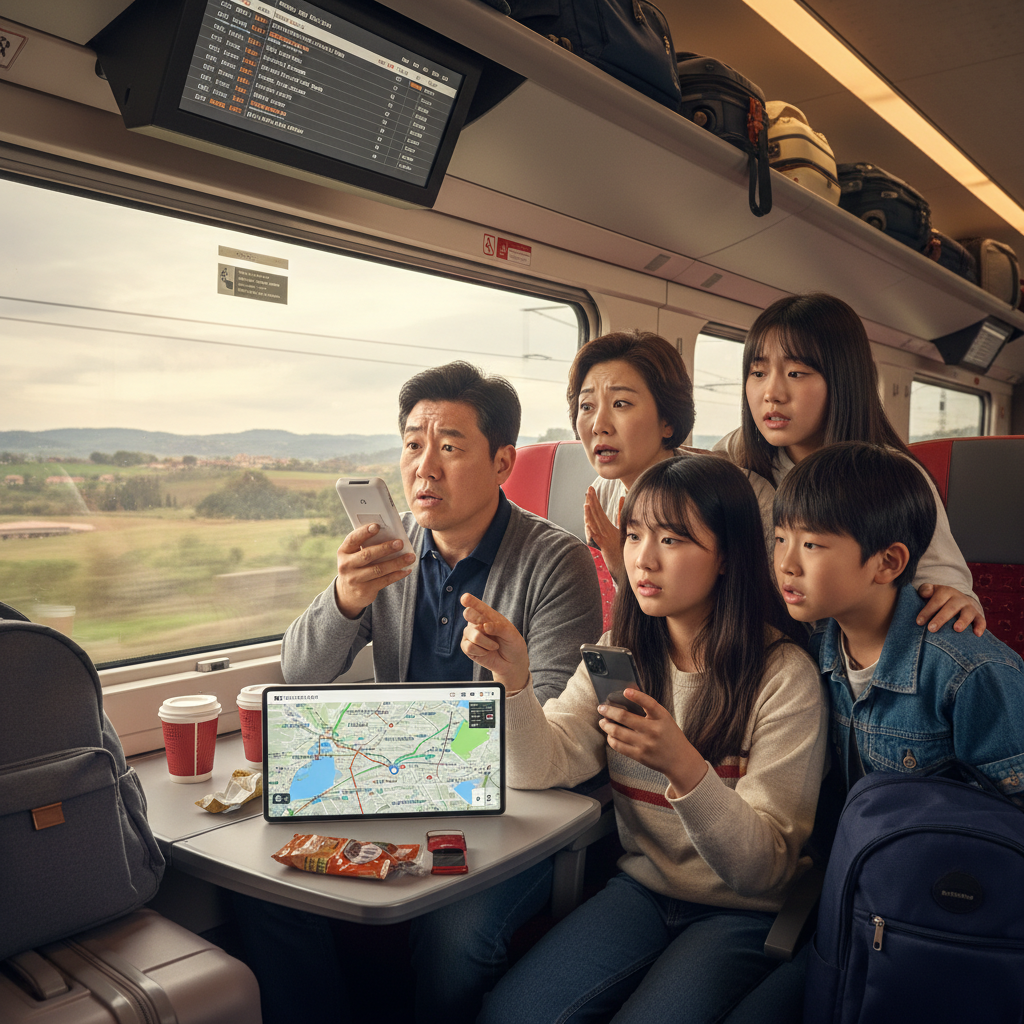 A Korean family on a high-speed train in Italy, looking confused while trying to use an AI translation device. One family member is pointing at a map on their phone. The scene conveys a sense of urgency and slight panic. Style: lifestyle photography. No text.
