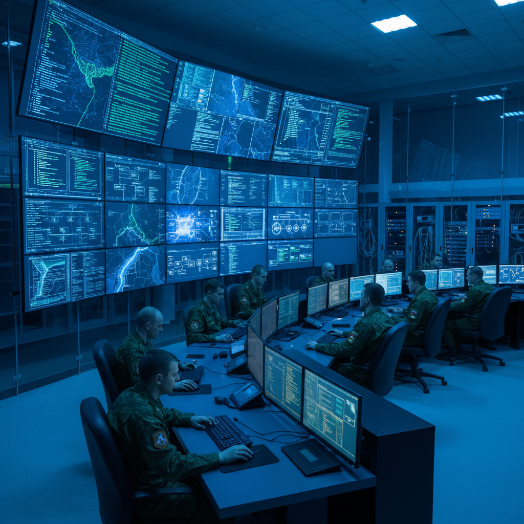 Modern cyber warfare command center with multiple monitors displaying code and network diagrams, Russian military intelligence setting, cold blue lighting, high-tech equipment, realistic photography style, no text in image