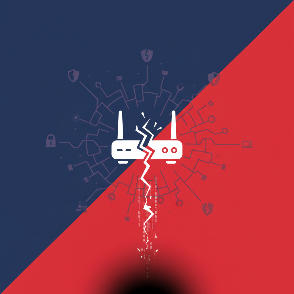 Clean infographic showing a compromised Asus router with a faint, shadowy network overlay, emphasizing data security risks. Minimalistic, high contrast, colored background. No visible text. Style: clean infographic, modern layout, high contrast