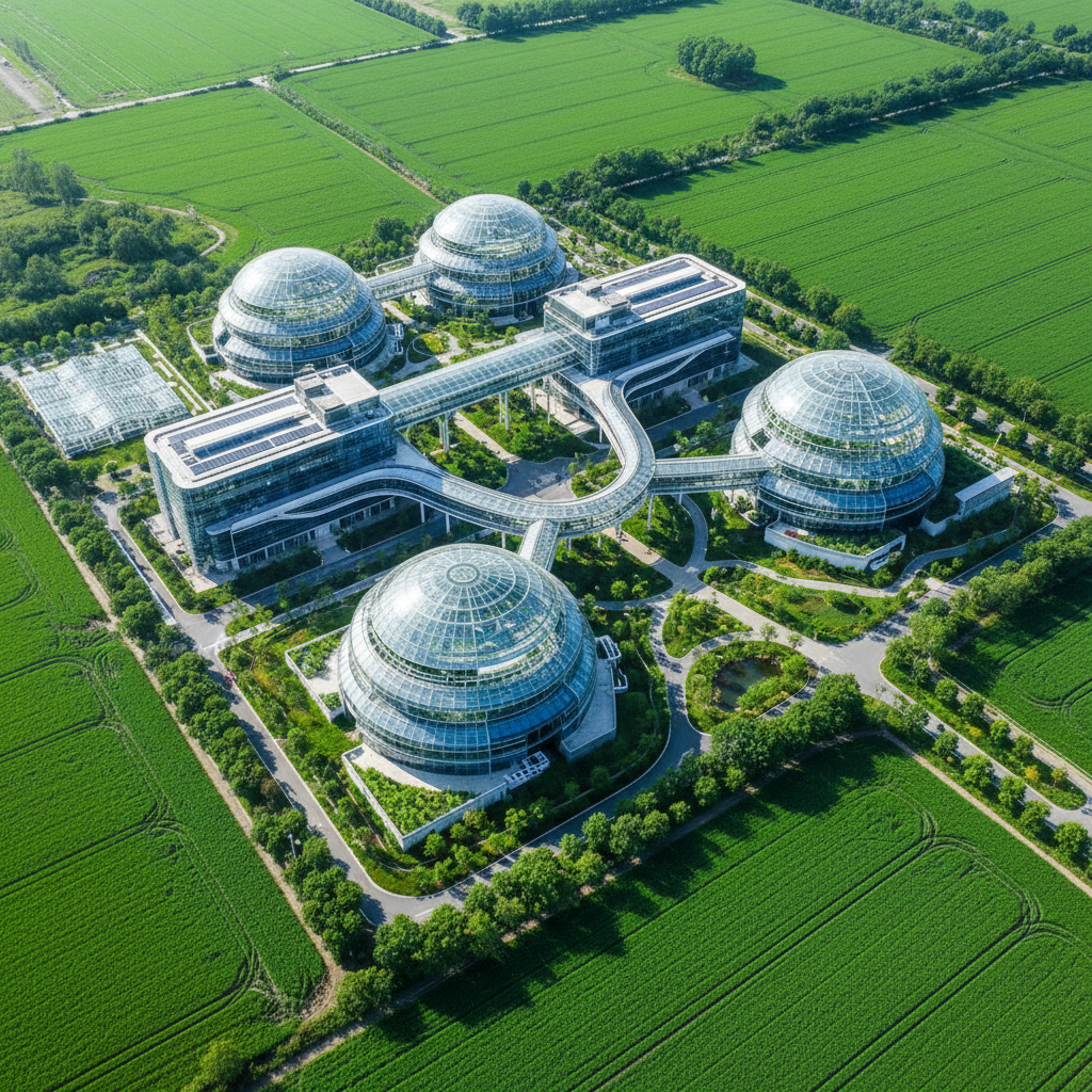 Modern agricultural research facility with greenhouses and high-tech laboratory buildings, aerial view showing integration of nature and technology, bright daylight, lush green fields surrounding the complex, contemporary architecture with glass and steel, vibrant colors, no text