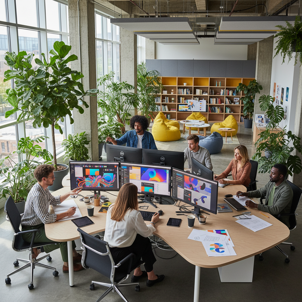 Modern collaborative design workspace with multiple designers working together, colorful interface designs on large monitors, creative studio environment with plants and natural light, contemporary office setting, diverse team, no text