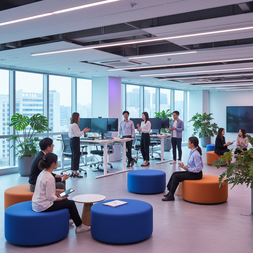 A vibrant modern startup office space with open floor plan, Korean and international team members collaborating, large windows with natural light, contemporary furniture in blue and orange tones, indoor plants throughout, standing desks with multiple monitors, casual meeting areas with colorful chairs, energetic workplace atmosphere, gradient lighting effects, realistic architectural photography, no visible text on whiteboards