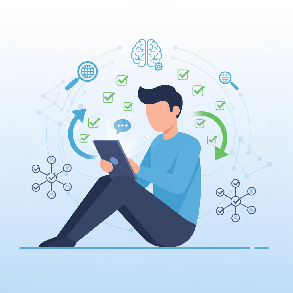 A person wisely using ChatGPT on a tablet, surrounded by checkmarks and verification symbols. The scene emphasizes critical thinking and cross-referencing information. Style: clean infographic. No text.
