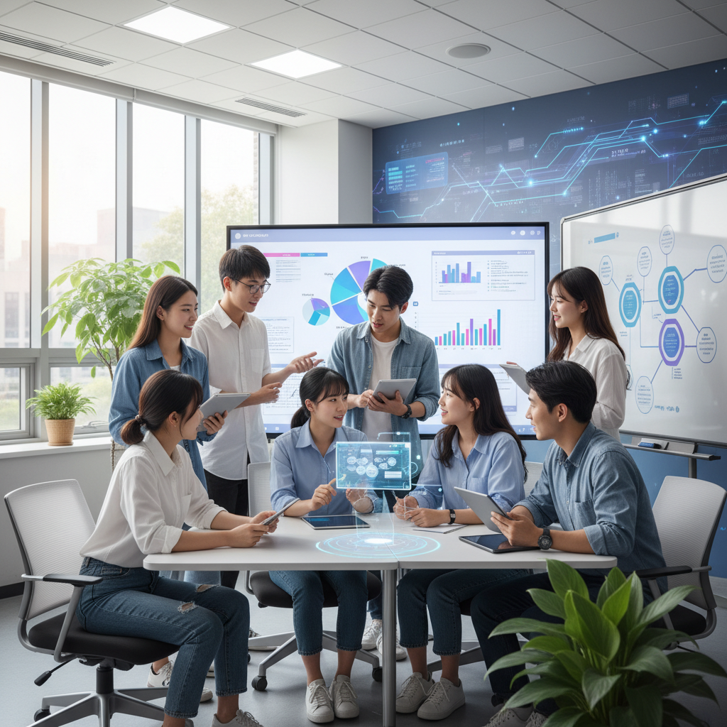 A diverse group of Korean students collaborating on a school project in a modern classroom, actively discussing and using various digital tools including tablets and interactive whiteboards. A subtle, futuristic AI interface is visible in the background, implying integration. Style: vibrant, dynamic lifestyle photography, emphasizing teamwork and innovation. No text.