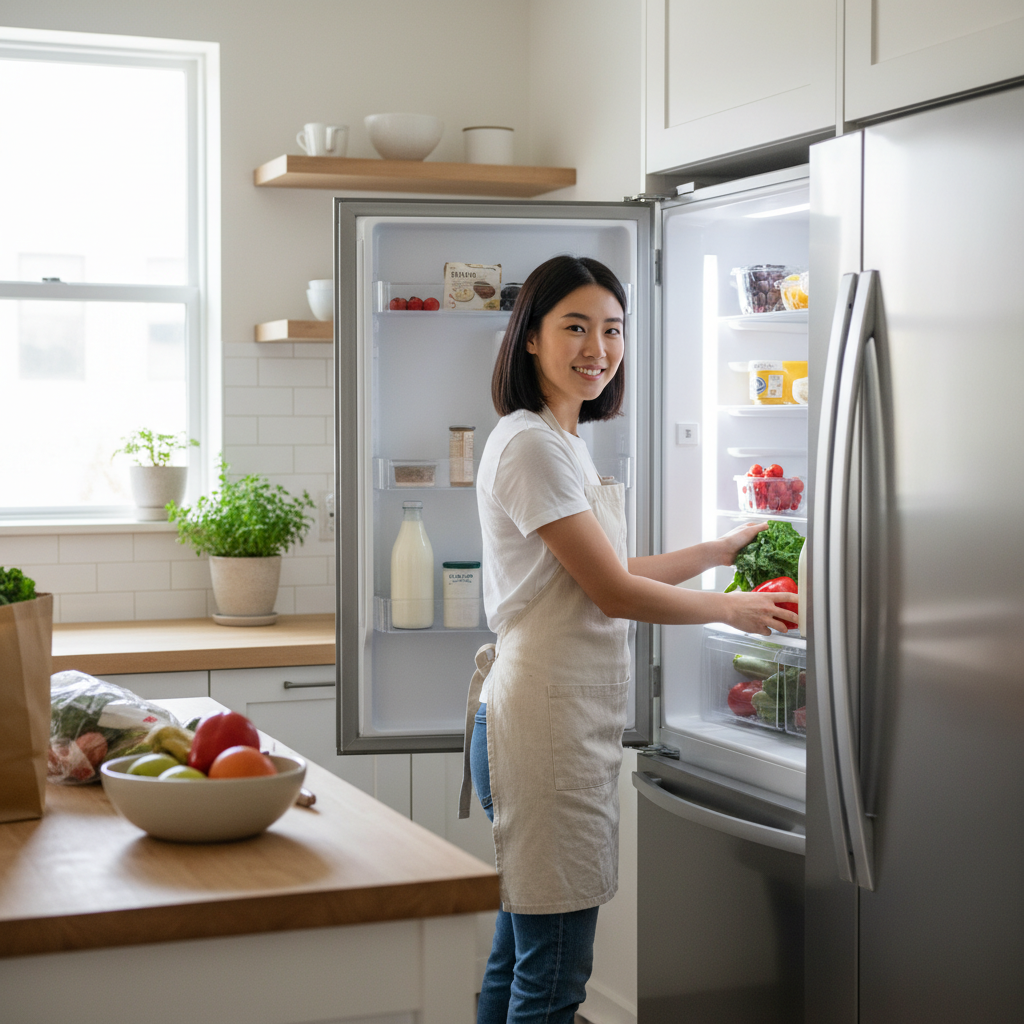 Friendly Korean host organizing fresh groceries into modern refrigerator in bright Airbnb kitchen, welcoming smile, wearing casual apron, natural daylight from window, warm home atmosphere, lifestyle photography style, realistic details, no text