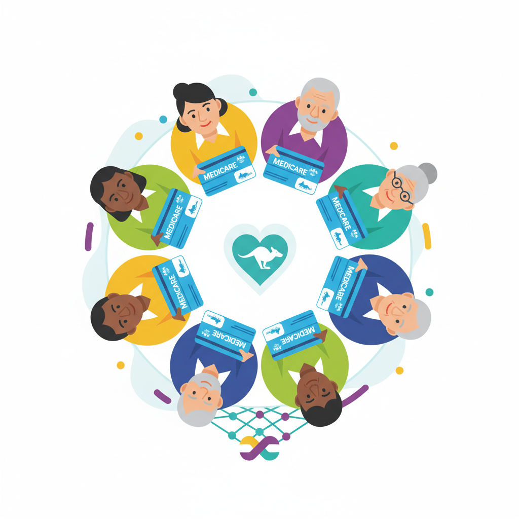 A diverse group of Australian people using Medicare cards, showing a sense of community and universal healthcare access. Style: modern infographic, clean design, vibrant colors, no text.
