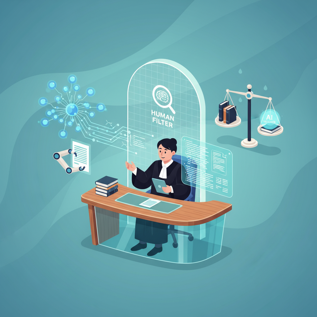 An infographic illustrating the shift in roles within the Australian legal system due to AI. Show a stylized judge reviewing AI-generated legal documents, with "Human Filter" concept. Modern, clean design with warm lighting and a blue-green gradient background. No visible text, focused composition, Korean appearance people.