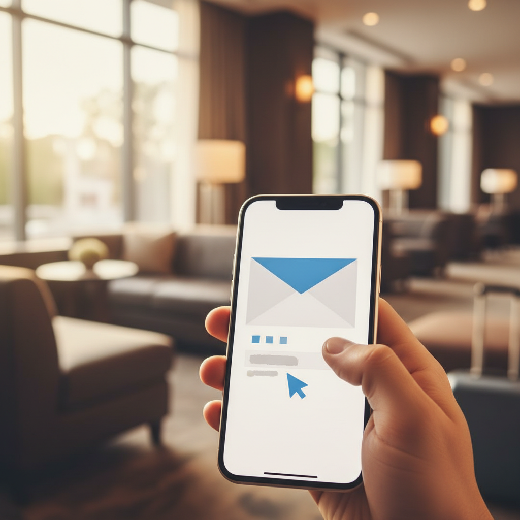 A smartphone screen showing a fake hotel booking confirmation email with a malicious link, appearing legitimate. A hand is about to tap the screen. The background shows a hotel lobby or a travel setting. Style: lifestyle photography, warm lighting, natural setting. No visible text on the phone screen.