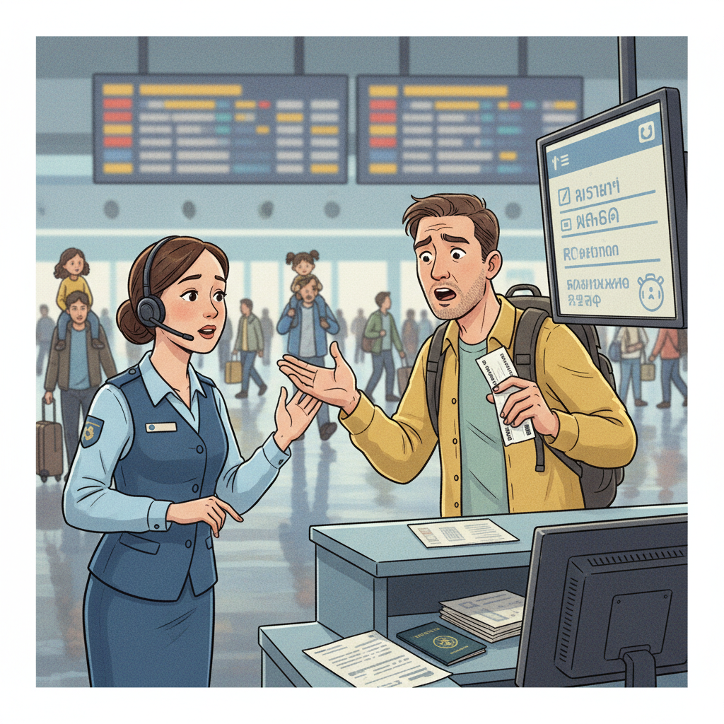 A realistic illustration of a traveler looking confused while speaking to an airport staff member at a check-in counter. The background shows a busy airport environment with other travelers and departure boards. Emphasize the interaction and the slight sense of frustration. Style: illustration, artistic rendering, textured background. No text.