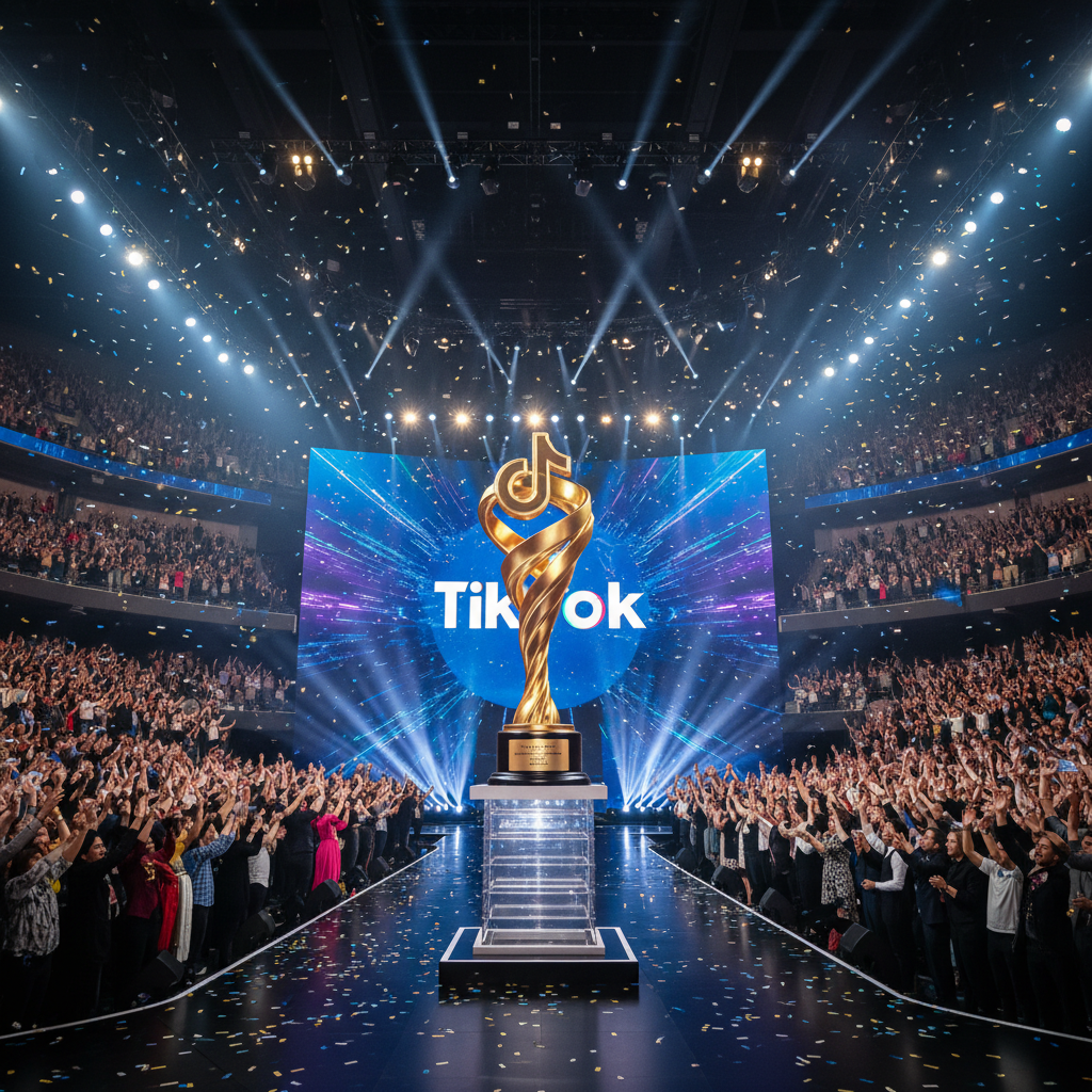 A dynamic and celebratory image of a large awards show stage with bright lights, a golden trophy, and a cheering, diverse audience. The stage features a large screen displaying the TikTok logo. Style: grand event photography, no text in image.