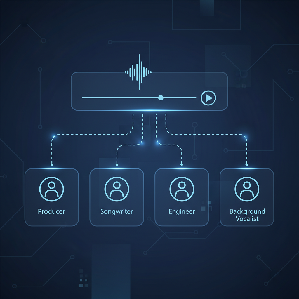 An infographic style image showing a music track playing on a digital interface. Beneath the track, multiple cards or sections display various roles: 'Producer', 'Songwriter', 'Engineer', 'Background Vocalist', each with a profile icon. Lines connect these roles to the central music track, symbolizing collaboration. Style: clean infographic, modern layout, high contrast. No visible text, textured background.