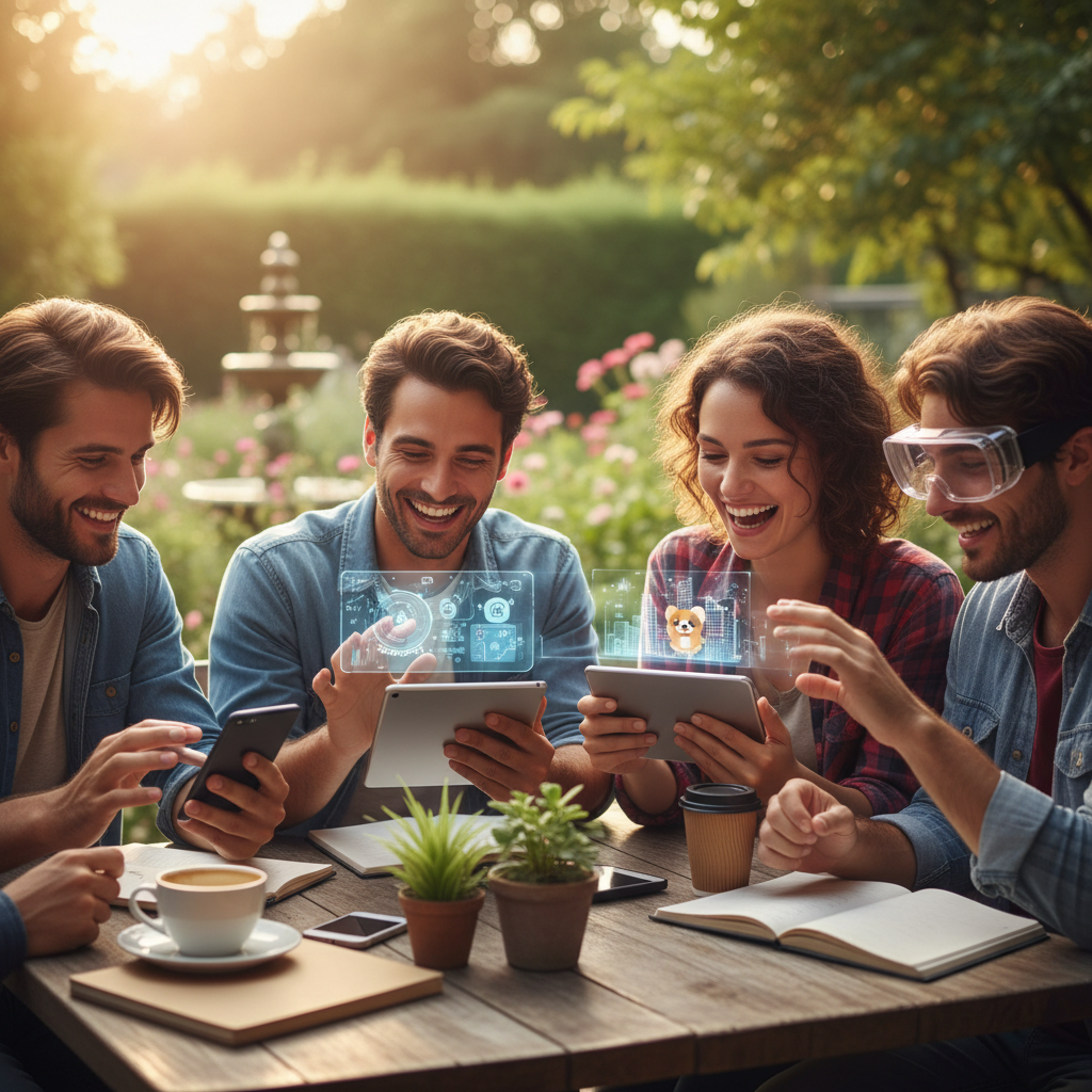 lively users interacting with new AI features on their devices, lifestyle photography, warm lighting, natural setting, no text