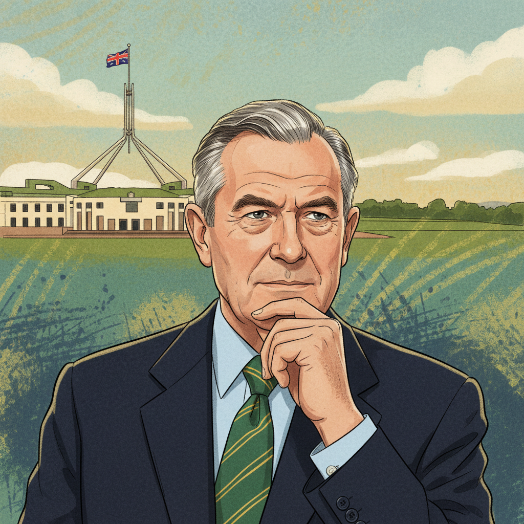 An artistic rendering of Gough Whitlam, looking thoughtfully towards the Australian Parliament House, with a subtly textured background in Australian national colors. Style: illustration, historical, no text.