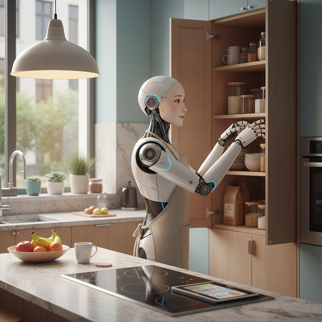 Humanoid robot with Korean appearance features working in modern home kitchen, checking cupboard contents, realistic home interior with warm lighting, gradient beige and soft blue background, natural setting with everyday objects, futuristic yet approachable design, no text