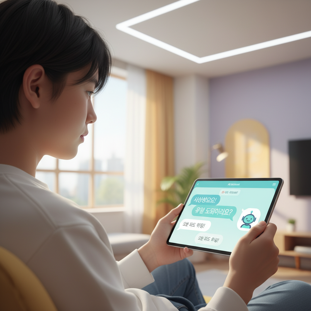 A teenager interacting with an AI chatbot on a tablet, the chatbot interface displays friendly and helpful messages, a secure and brightly lit setting, colored background, Korean appearance, 1:1 aspect ratio, no text