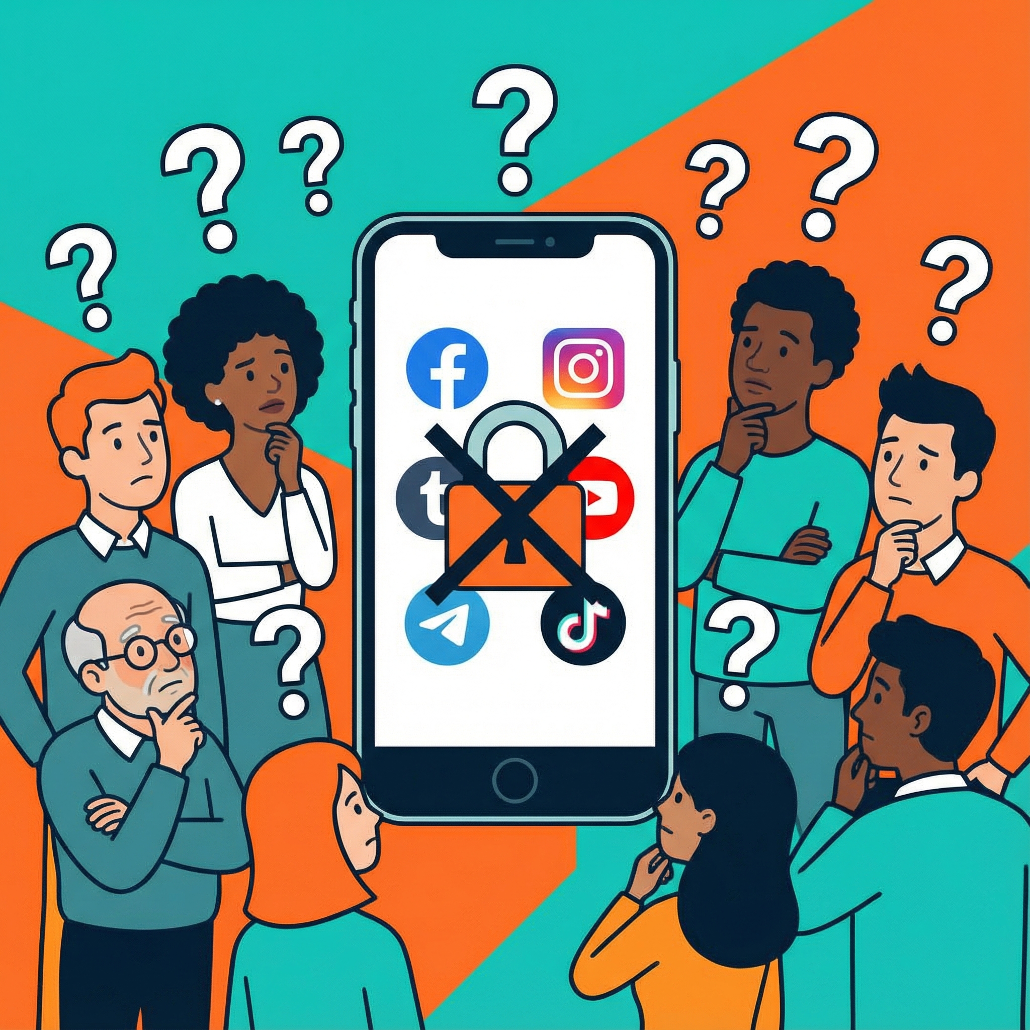 A clean infographic showing diverse people with question marks above their heads reacting to a 'social media ban' sign on a smartphone screen, modern layout, high contrast, colored background, no text, aspect ratio 1:1