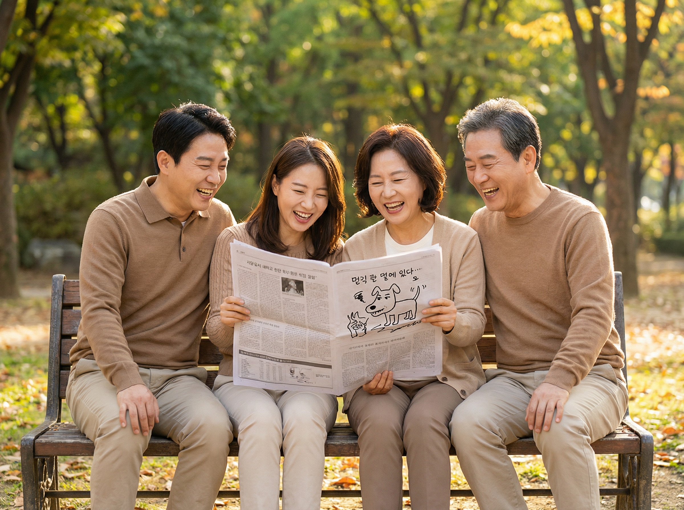 Lifestyle photography of a diverse group of people (Korean appearance) laughing and engaged while reading a newspaper with a prominent political cartoon (resembling First Dog on the Moon style) on a sunny park bench, warm lighting, natural setting, no text, aspect ratio 4:3