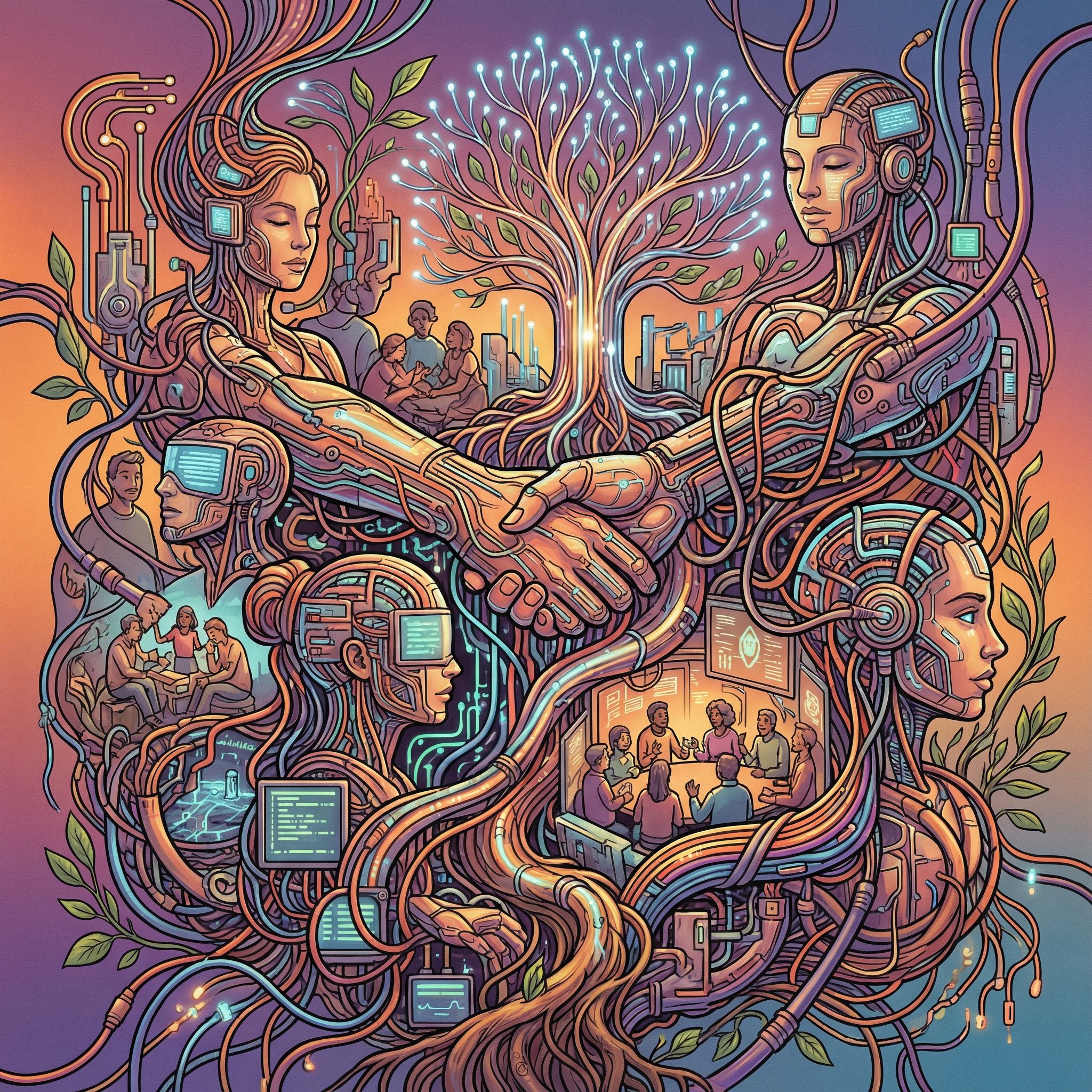 A visually rich illustration showing intertwined digital and human elements, representing connectivity in a modern, sometimes chaotic, digital world, with subtle hints of nature and community, detailed composition, gradient background, no text, aspect ratio 1:1