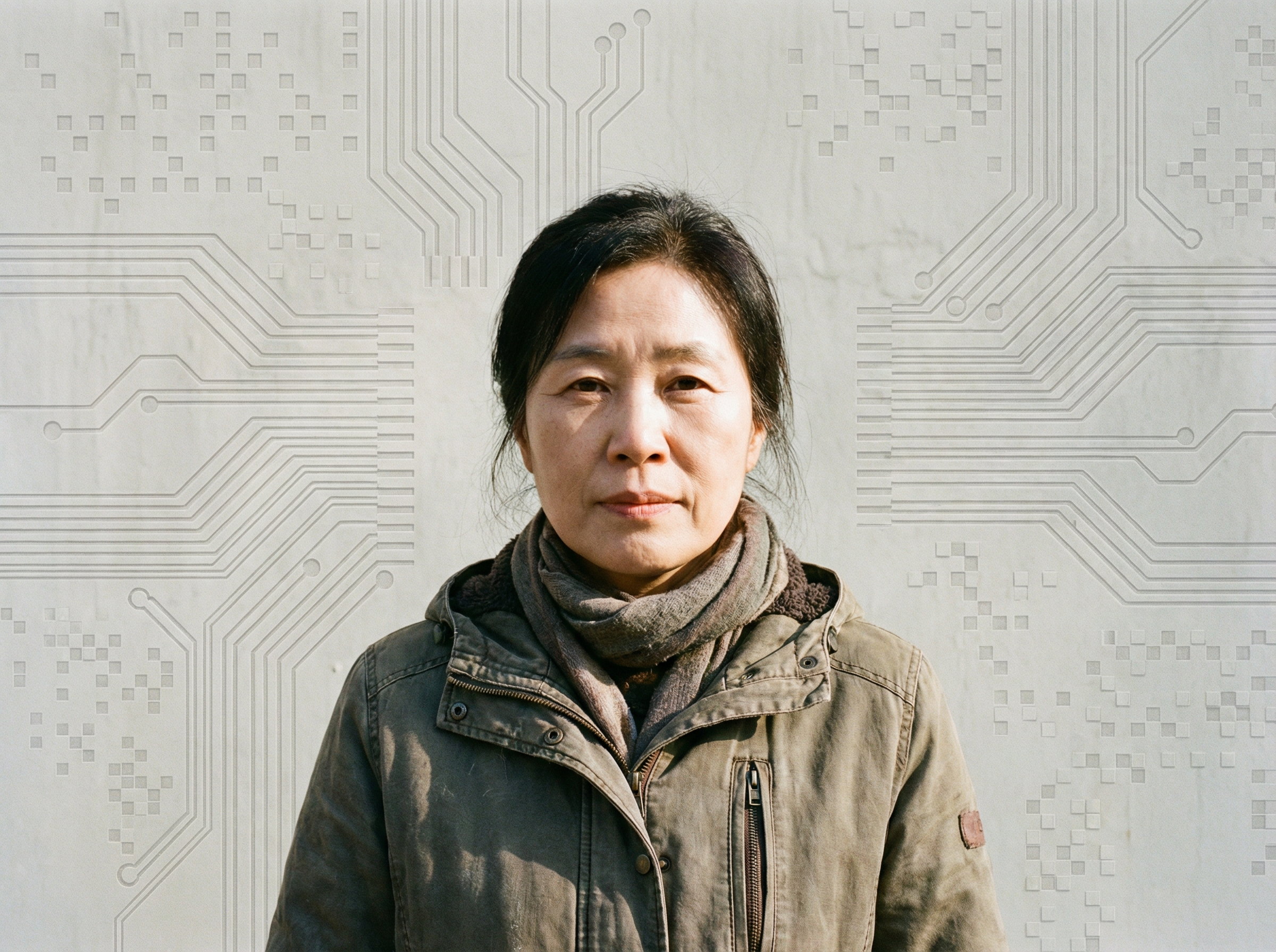 A determined Korean campaigner against digital hate, looking serious yet hopeful, standing in front of a subtly textured background with digital patterns, bright lighting, centered focus, 4:3 aspect ratio, no text.
