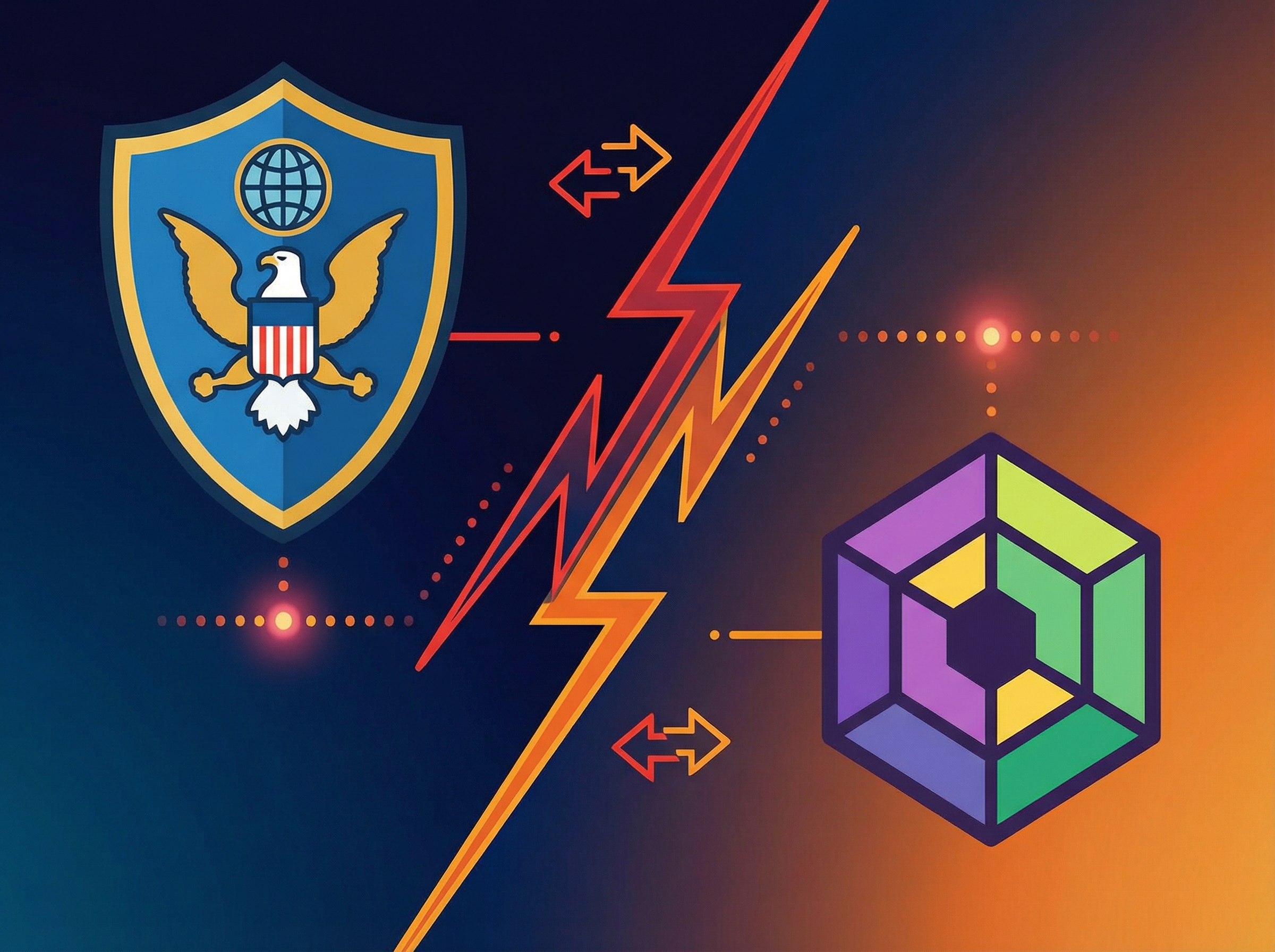 An infographic style image depicting a subtle conflict between a stylized representation of the US State Department (without text) and a generic tech company logo (no specific brand, no text), against a gradient background, with dynamic lines suggesting tension, high contrast, 4:3 aspect ratio.