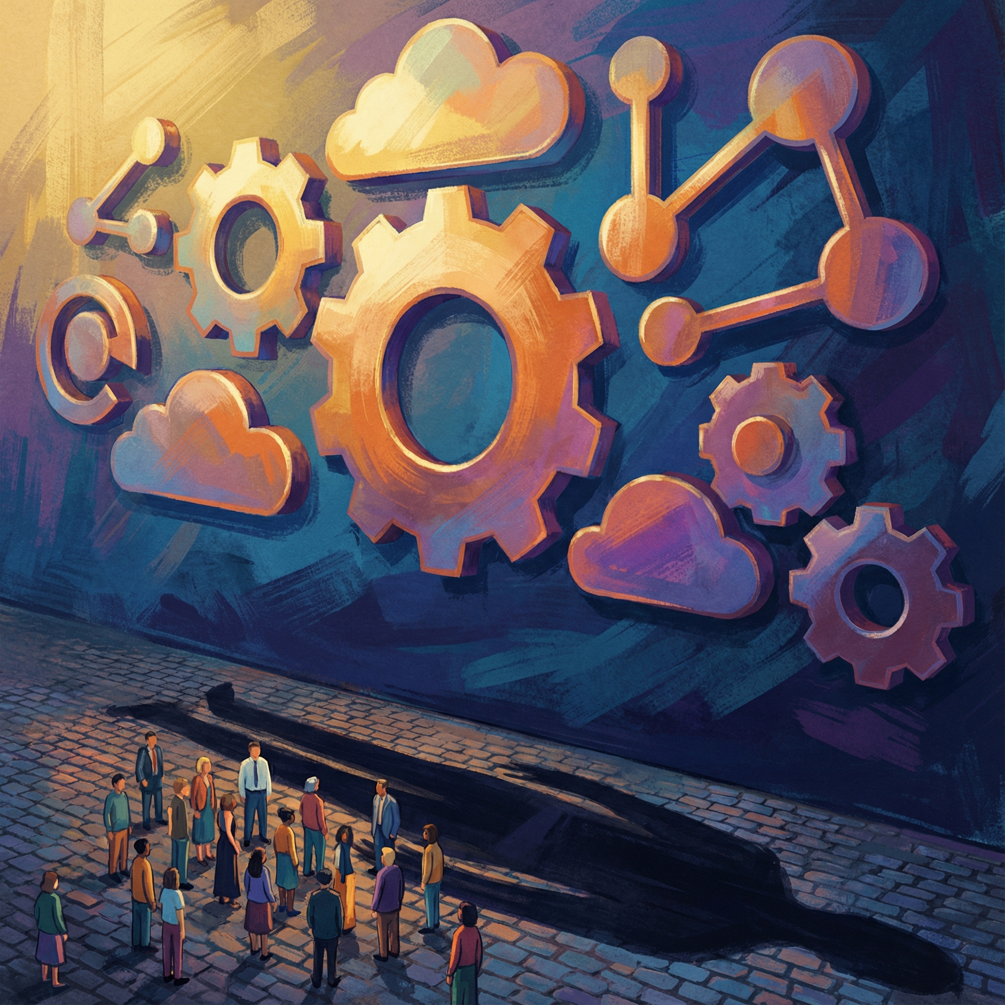 A symbolic illustration showing oversized, abstract tech company icons (no specific logos, no text) casting a large shadow over small, diverse groups of people, on a richly colored background, bright lighting, artistic rendering, 1:1 aspect ratio.