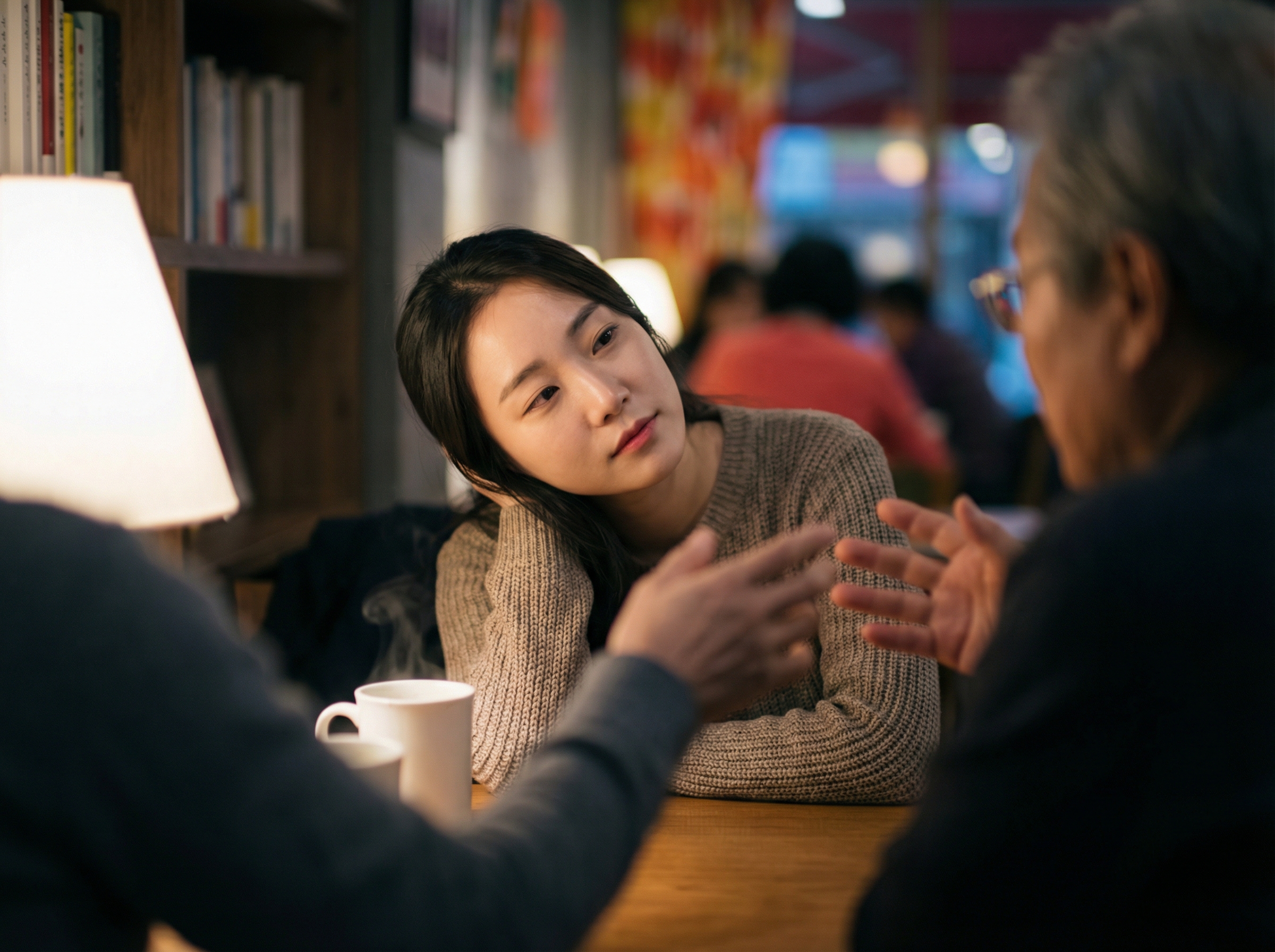 A young Korean woman is deeply engrossed, listening to an oral story, her expression showing connection and understanding. The setting is a cozy cafe with warm, soft lighting and a blurred colored background. Lifestyle photography, natural expression, aspect ratio 4:3