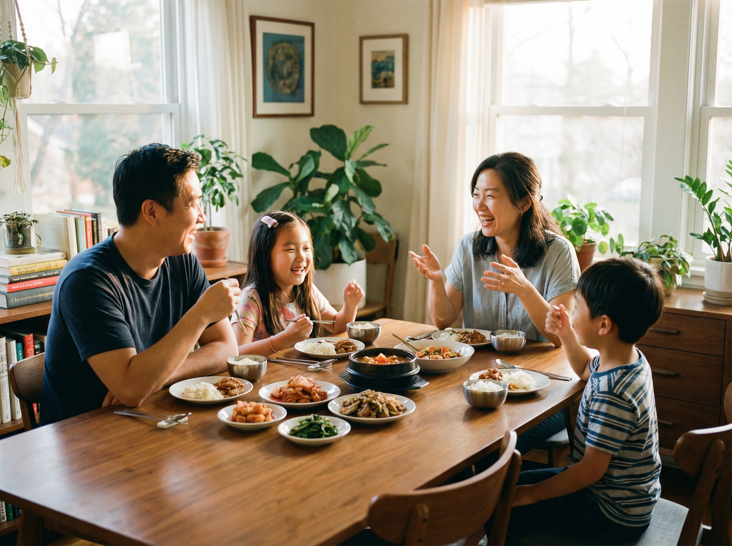 A happy Korean family of four (parents and two children) sitting around a dinner table, laughing and sharing stories. The atmosphere is warm and intimate, with natural lighting and a cozy home background. Lifestyle photography, aspect ratio 4:3