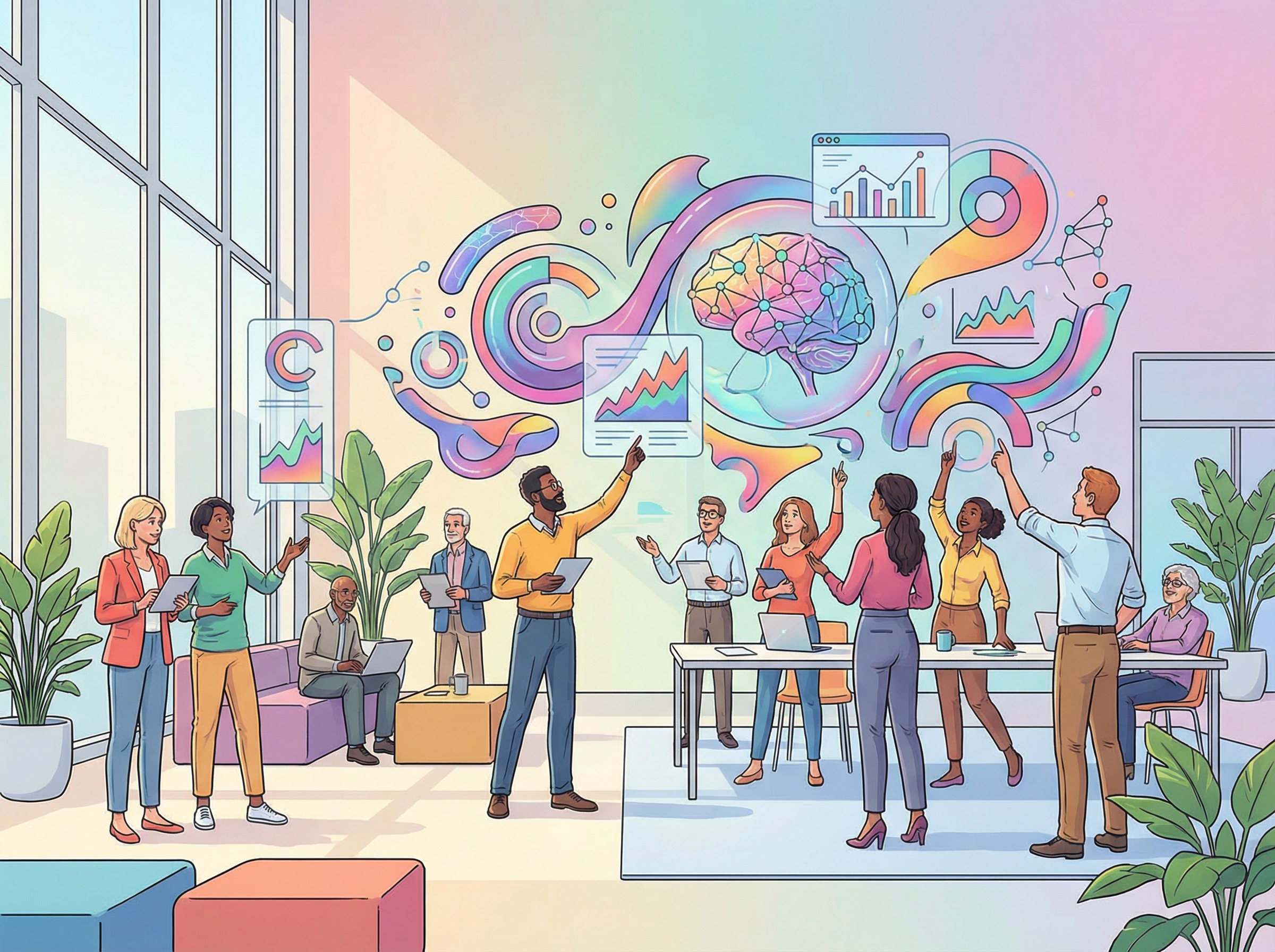 A dynamic illustration of a diverse group of tech analysts discussing future trends with abstract holographic data visualizations in a modern, brightly lit office, clean infographic style, colored background, no text, 4:3 aspect ratio
