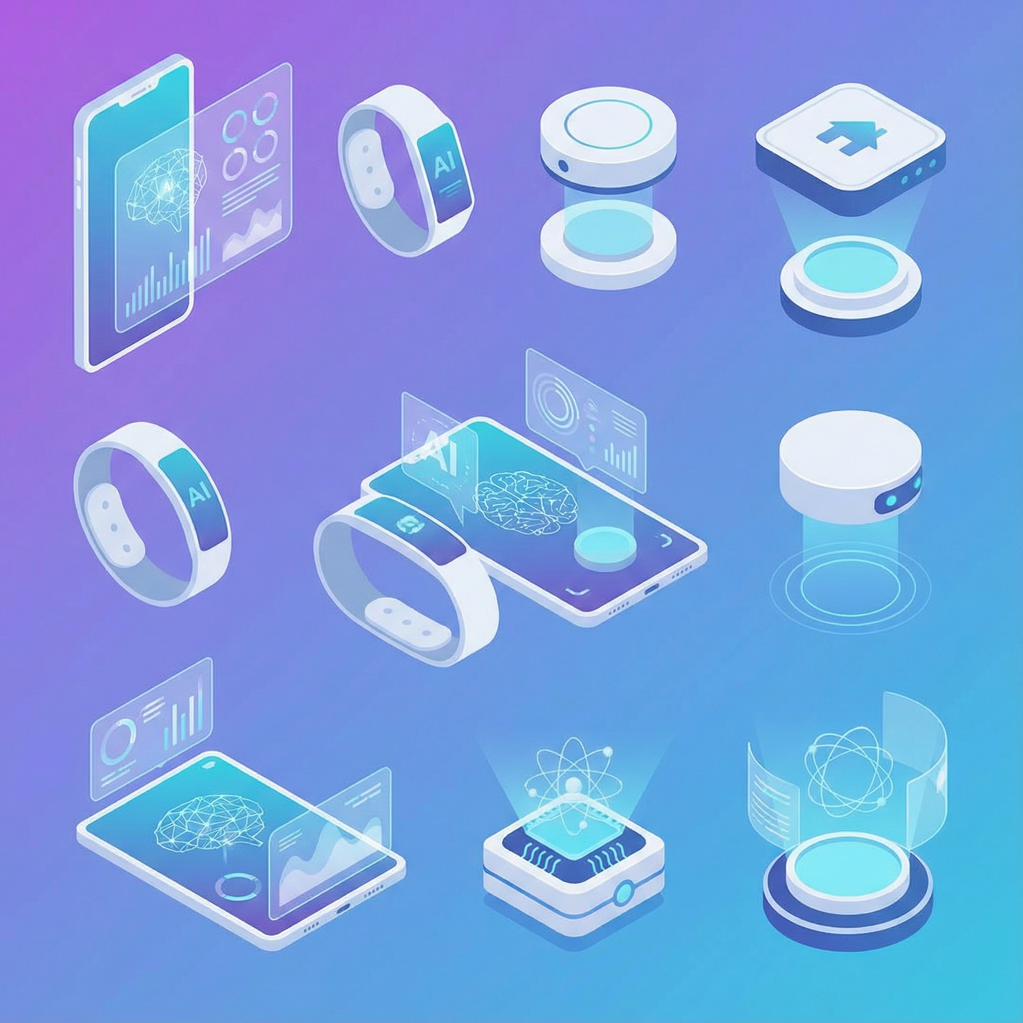 A modern illustration showing various futuristic gadgets and concepts, including simplified phones and AI interfaces, against a gradient background, clean infographic style, no text, 1:1 aspect ratio