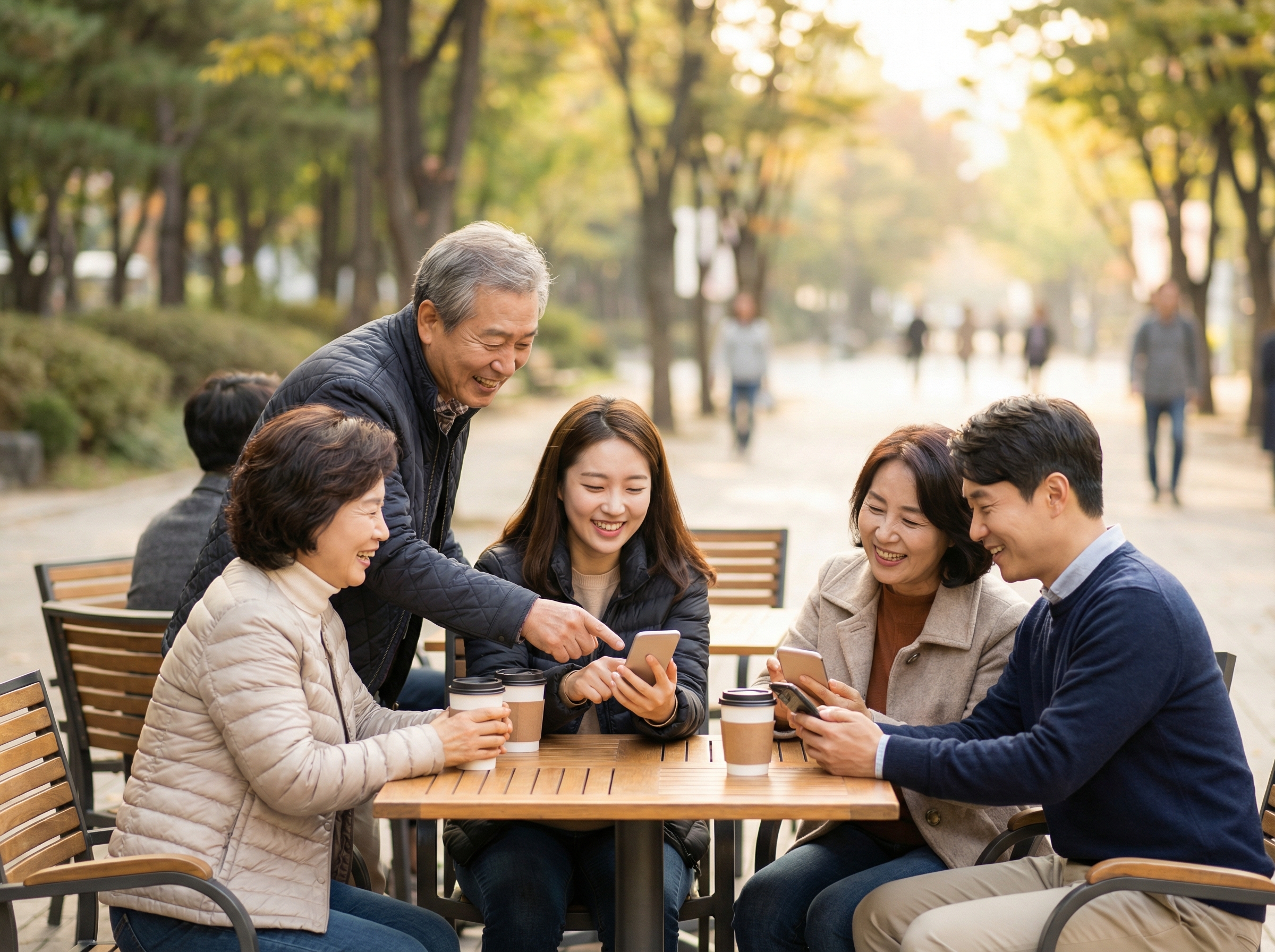 A group of Korean adults, diverse ages, happily engaging in a social activity like having coffee or walking in a park, all subtly looking at their smartphones with a friendly expression, suggesting online connection leading to real-life meetups. Lifestyle photography, warm and inviting lighting, blurred city park background, no text, aspect ratio 4:3
