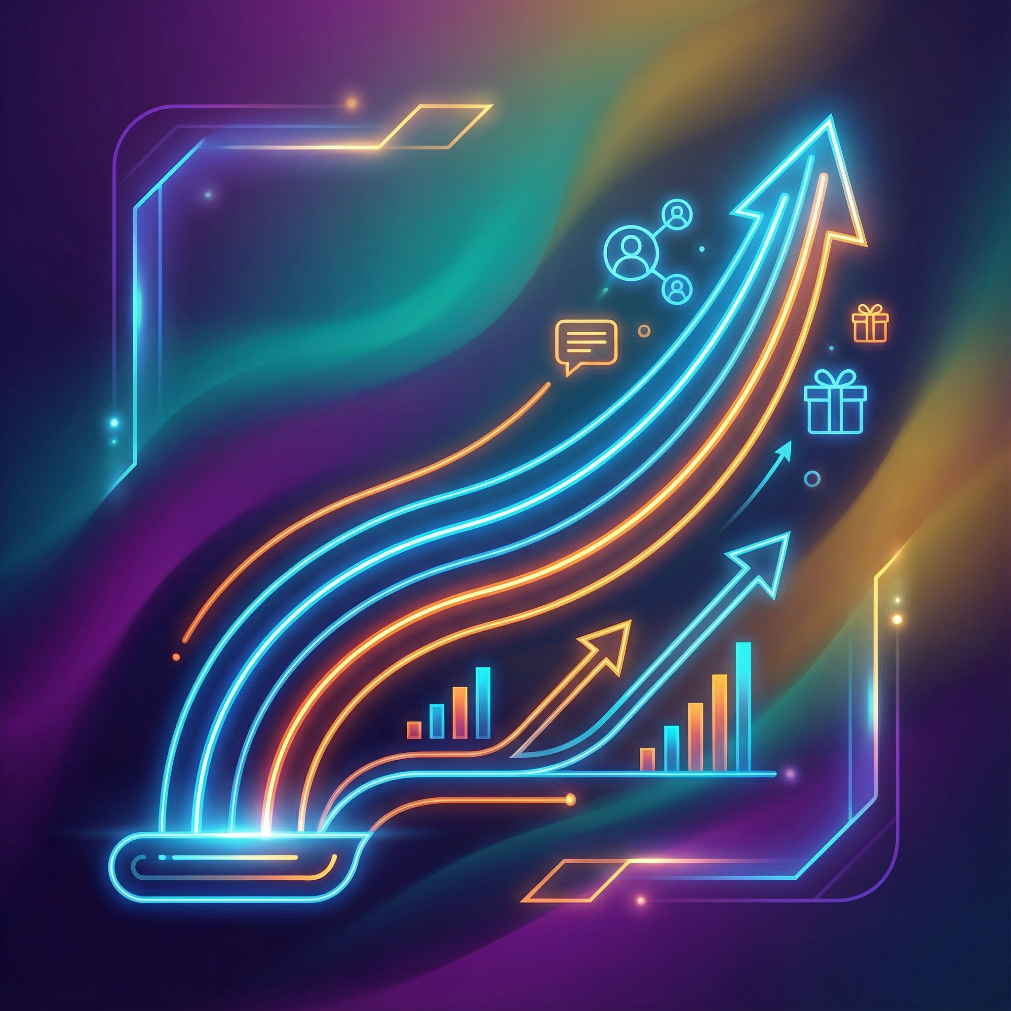 Clean infographic showing upward trend lines and growth statistics related to friendship app usage and spending, presented with modern layout and high contrast. Colored gradient background, no numbers or specific text, aspect ratio 1:1