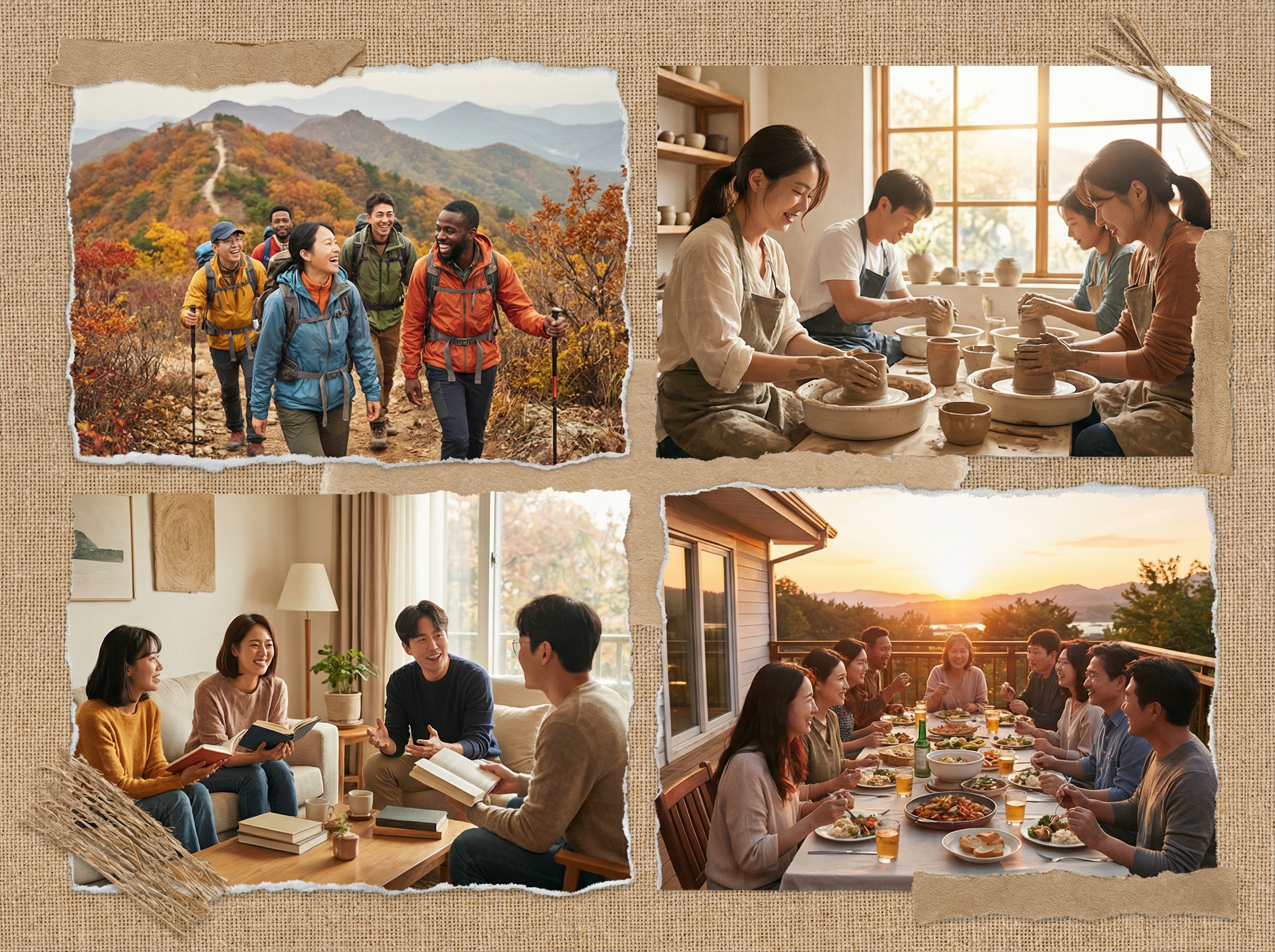 A vibrant collage of small scenes depicting various outdoor and indoor activities – a group hiking, people at a pottery class, friends enjoying a book club, or having dinner together. Diverse Korean people, natural settings, bright and balanced lighting, textured background, no text, aspect ratio 4:3