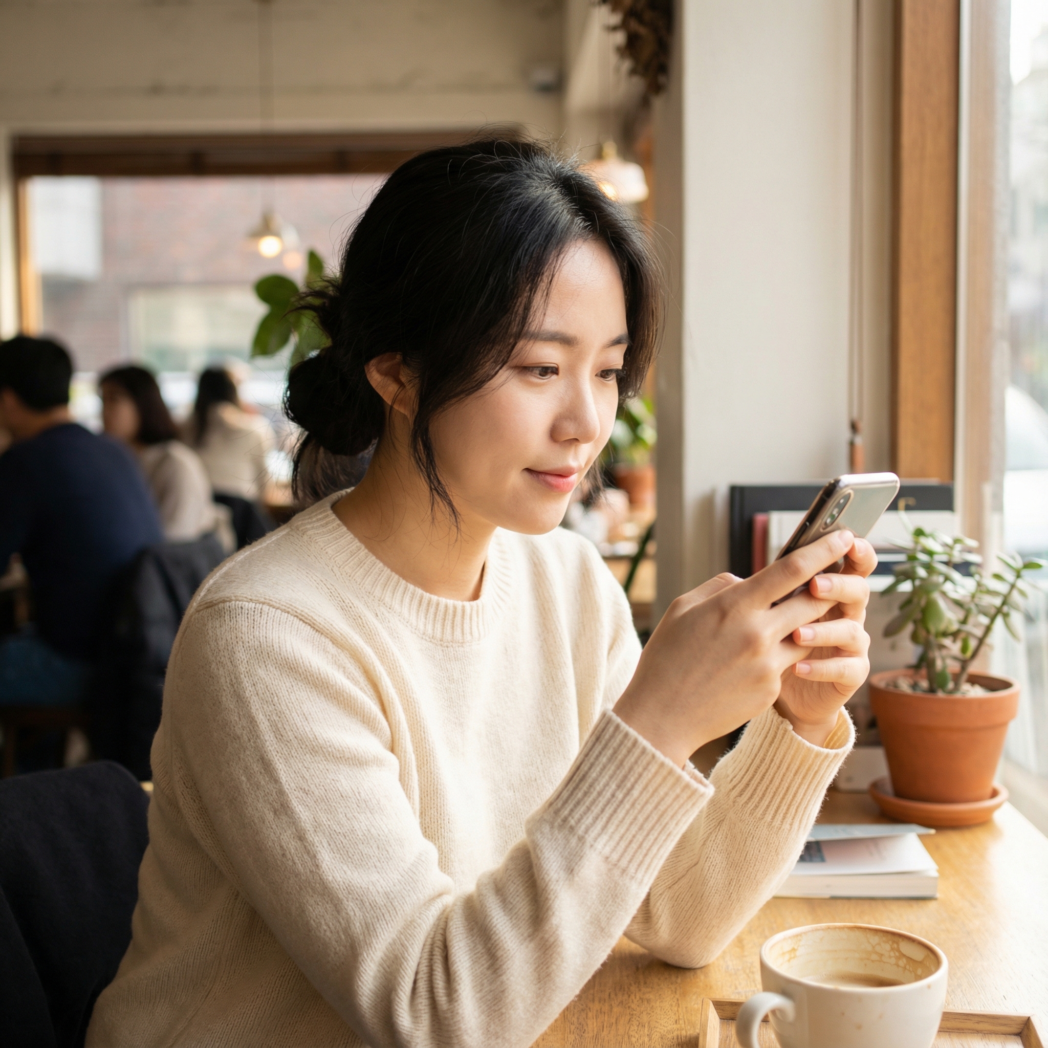 A Korean woman in her late 20s to early 30s, looking thoughtfully at her smartphone, with a serene and focused expression. The setting is a cozy, well-lit cafe with blurred background elements, emphasizing safe and intentional online interaction. Lifestyle photography, warm lighting, natural setting, no text, aspect ratio 1:1
