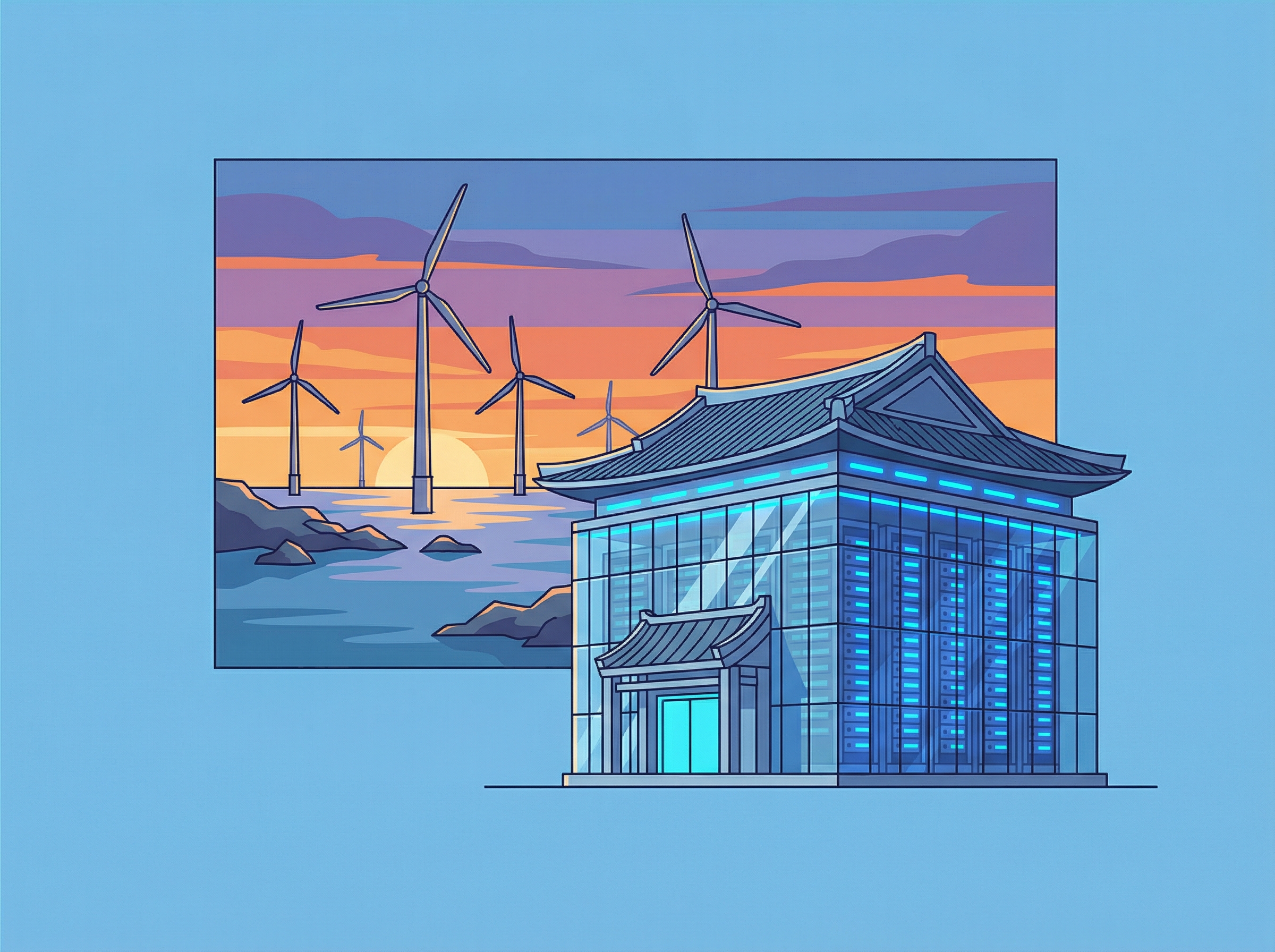A modern data center glowing with blue light, juxtaposed with an offshore wind farm in the background under a vibrant sky, clean infographic style, colored background, no text, aspect ratio 4:3, Korean appearance