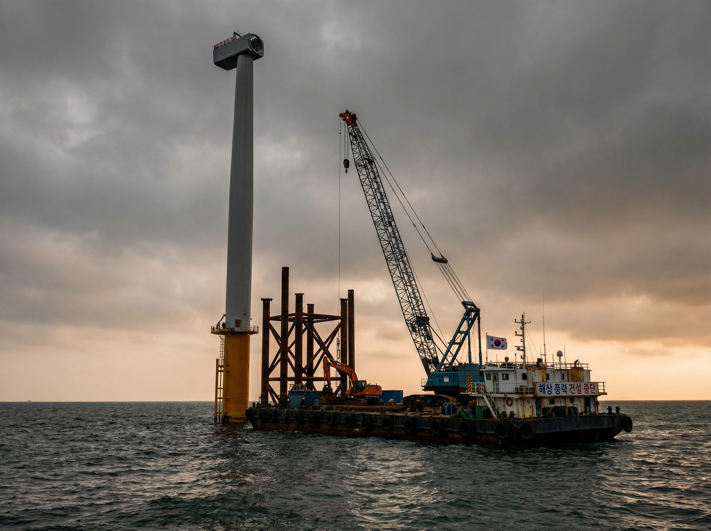 An unfinished offshore wind turbine under construction, with a cloudy, dramatic sky in the background, showing halted work, modern layout, high contrast, colored background, no text, aspect ratio 4:3, Korean appearance