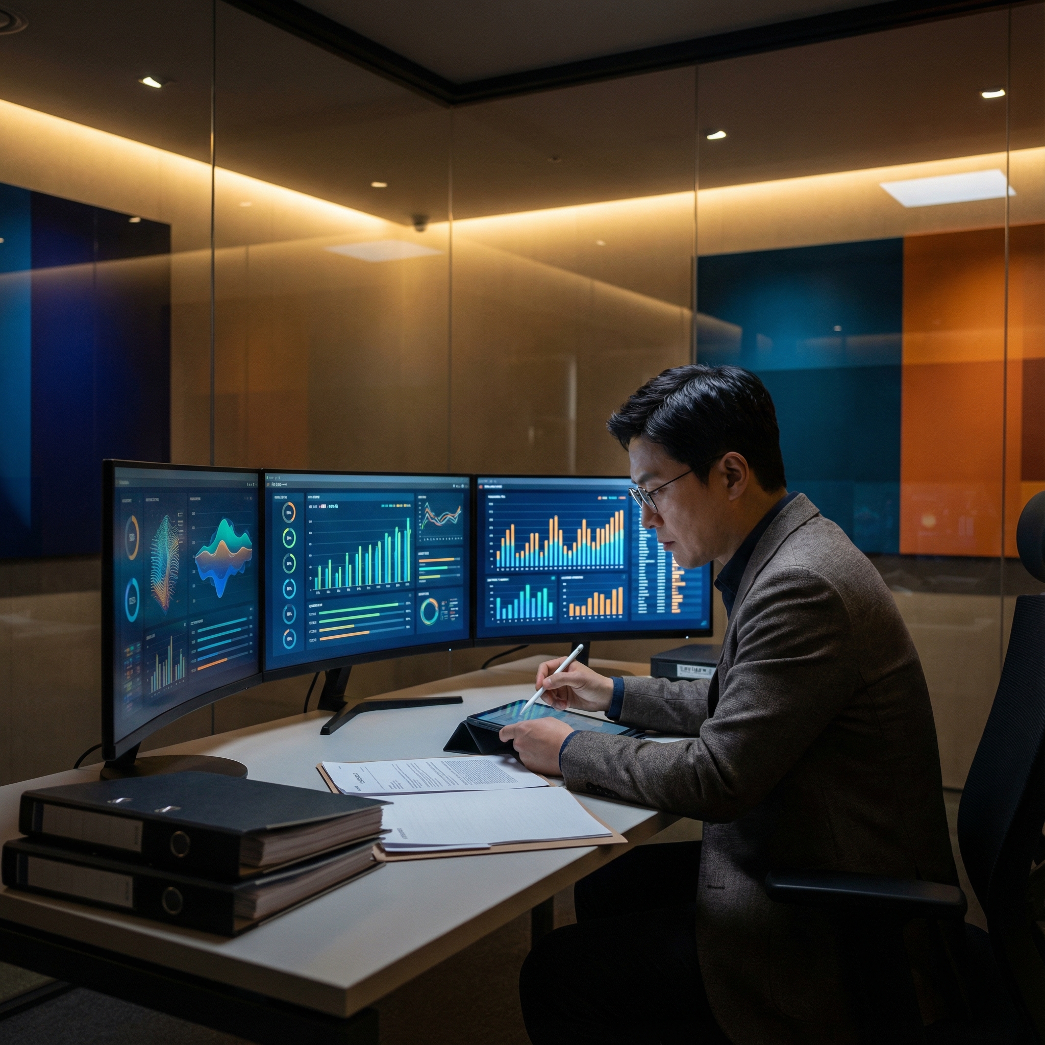 A serious Korean researcher analyzing classified documents with complex charts and data on screens in a secure, modern office, clean infographic, modern layout, high contrast, colored background, no text, aspect ratio 1:1