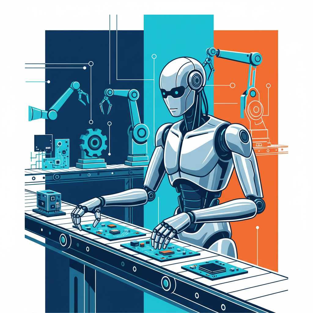A futuristic 1X Neo humanoid robot diligently working on an assembly line in a modern factory setting, clean infographic style, high contrast, colored background, no text