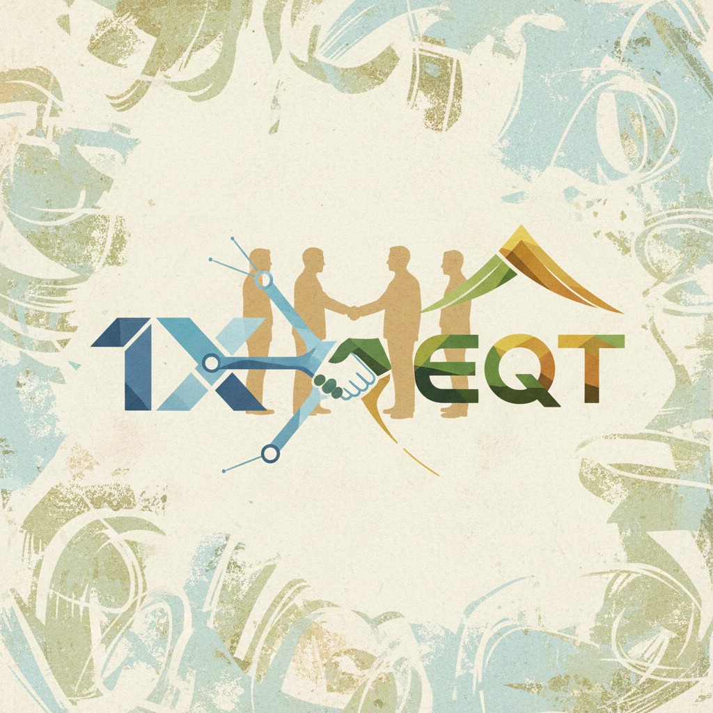 A professional illustration showing two distinct company logos (representing 1X and EQT) converging, with people shaking hands in the background, stylized illustration, artistic rendering, textured background, no text