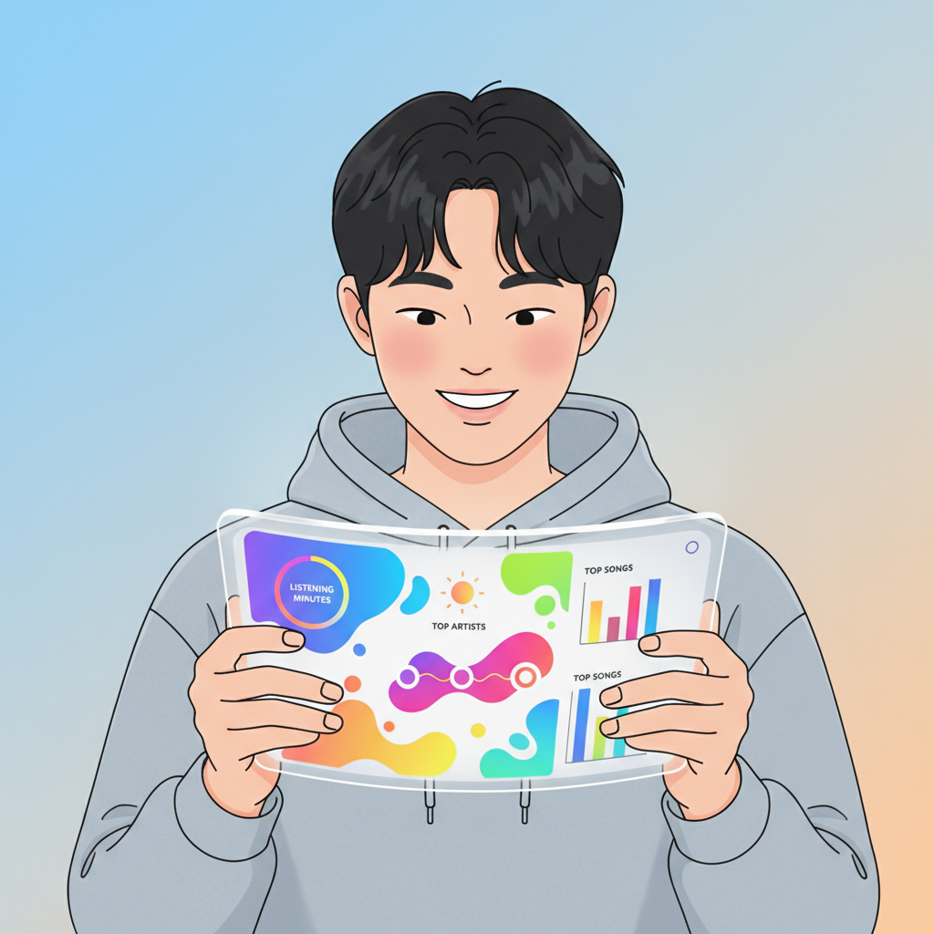 A modern clean infographic showing a person happily looking at their personalized music stats on a digital device. The screen displays various metrics like top songs, artists, and listening minutes with a colorful, vibrant design. Korean appearance person, natural expression. Bright, balanced lighting, gradient background. No visible text in image.