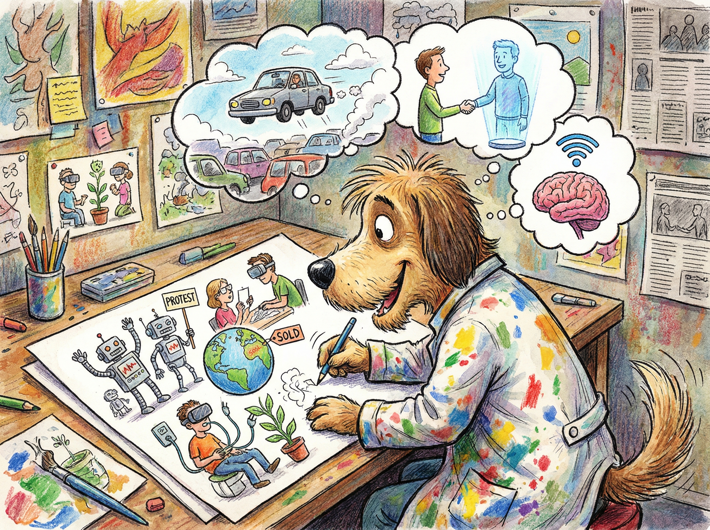 A vibrant and imaginative illustration of a cartoon character resembling a dog sitting at a desk, drawing a satirical cartoon about 2025 social issues, surrounded by thought bubbles, artistic rendering, textured background, no text, aspect ratio 4:3