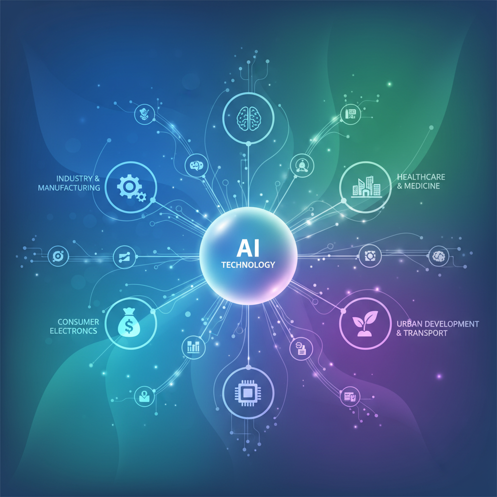 Clean infographic showing the pervasive influence of AI technology in 2025, with interconnected nodes and data streams, vibrant gradient background, no text.