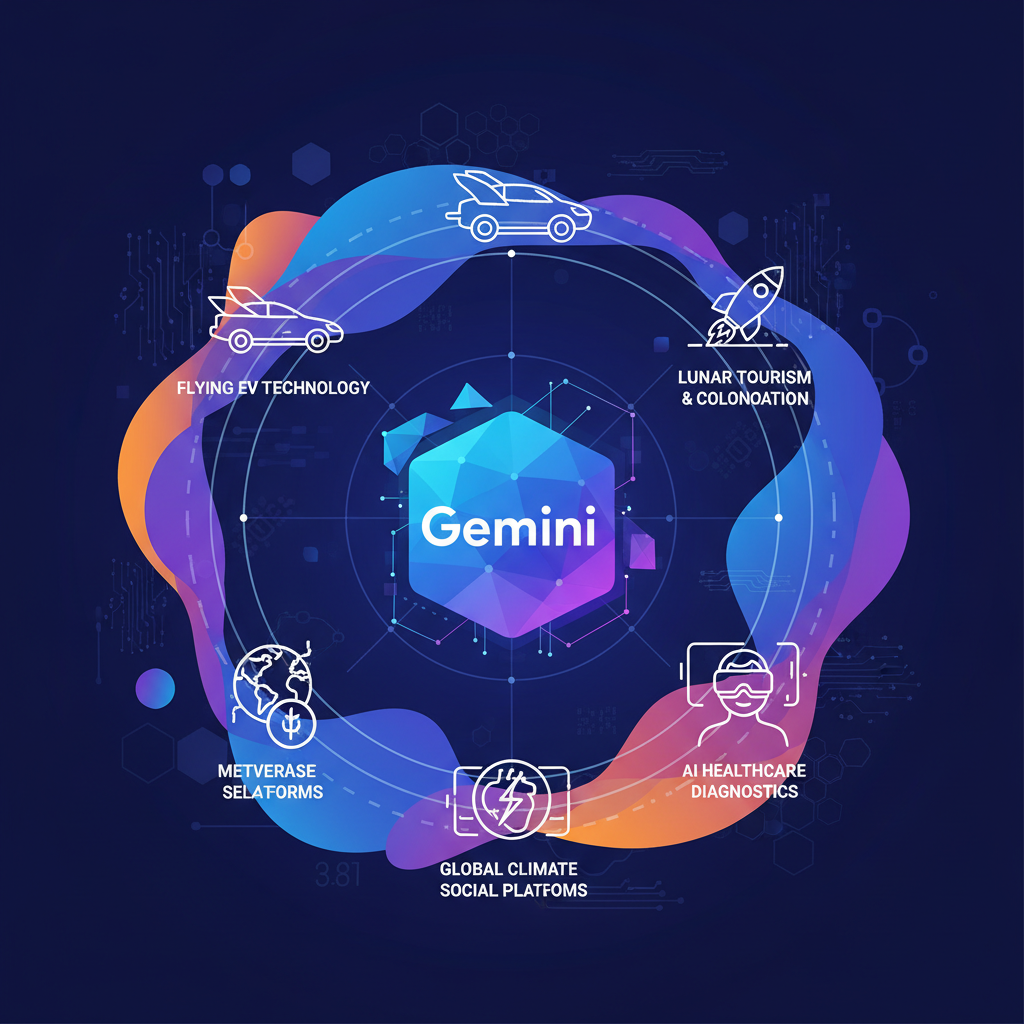 An infographic-style illustration showcasing the top trending searches of 2025 on Google, with a prominent and modern representation of 'Gemini' AI chatbot in the center. The background should be a dynamic, colored gradient, filled with subtle tech-related patterns. The overall style is clean, high contrast, and visually rich. No visible text, no white background. Centered focus.