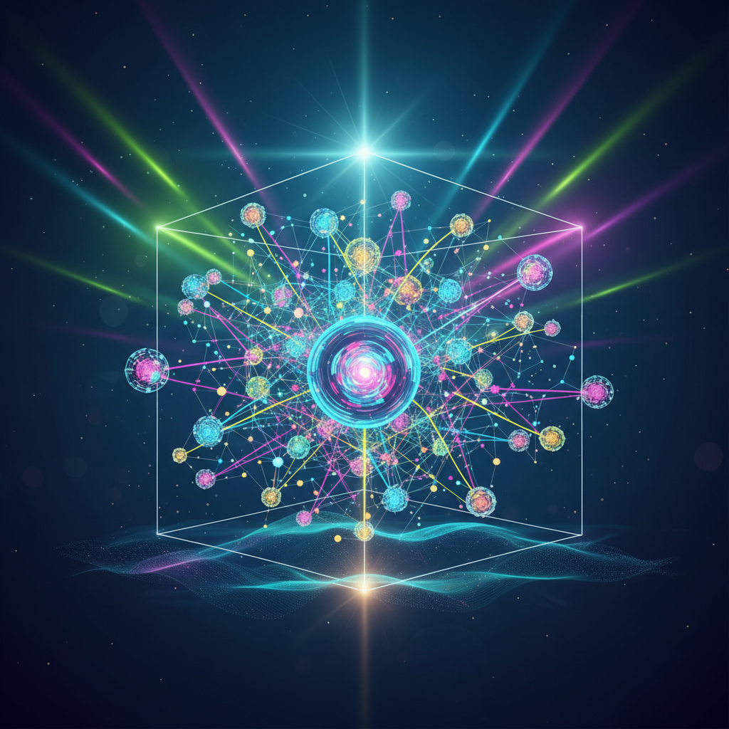 Clean infographic, modern layout, high contrast. Abstract representation of global interconnected data and emerging AI technologies, with glowing lines and nodes. Bright, balanced lighting, colored background. No visible text.