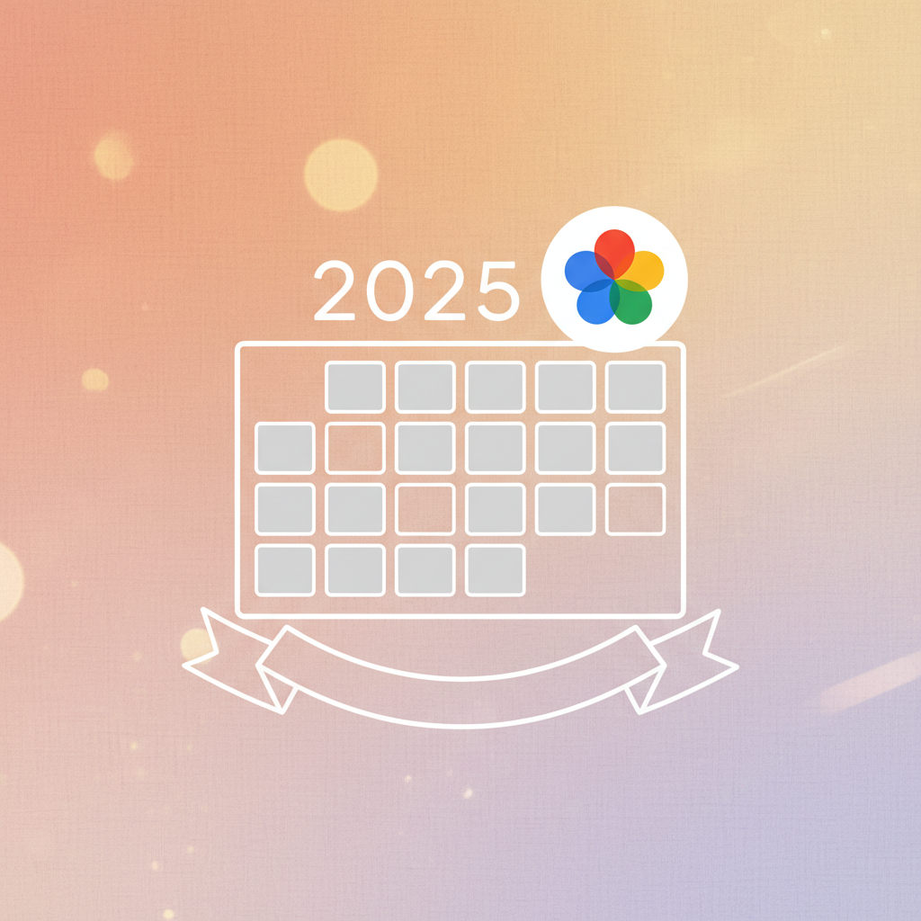 A visually appealing graphic featuring a stylized 2025 calendar with a Google Photos icon prominently placed, indicating year-end recap. The background has soft, warm colors and a subtle texture, evoking a sense of nostalgia and looking back at memories. No text on the calendar or icons, clean and modern infographic style.