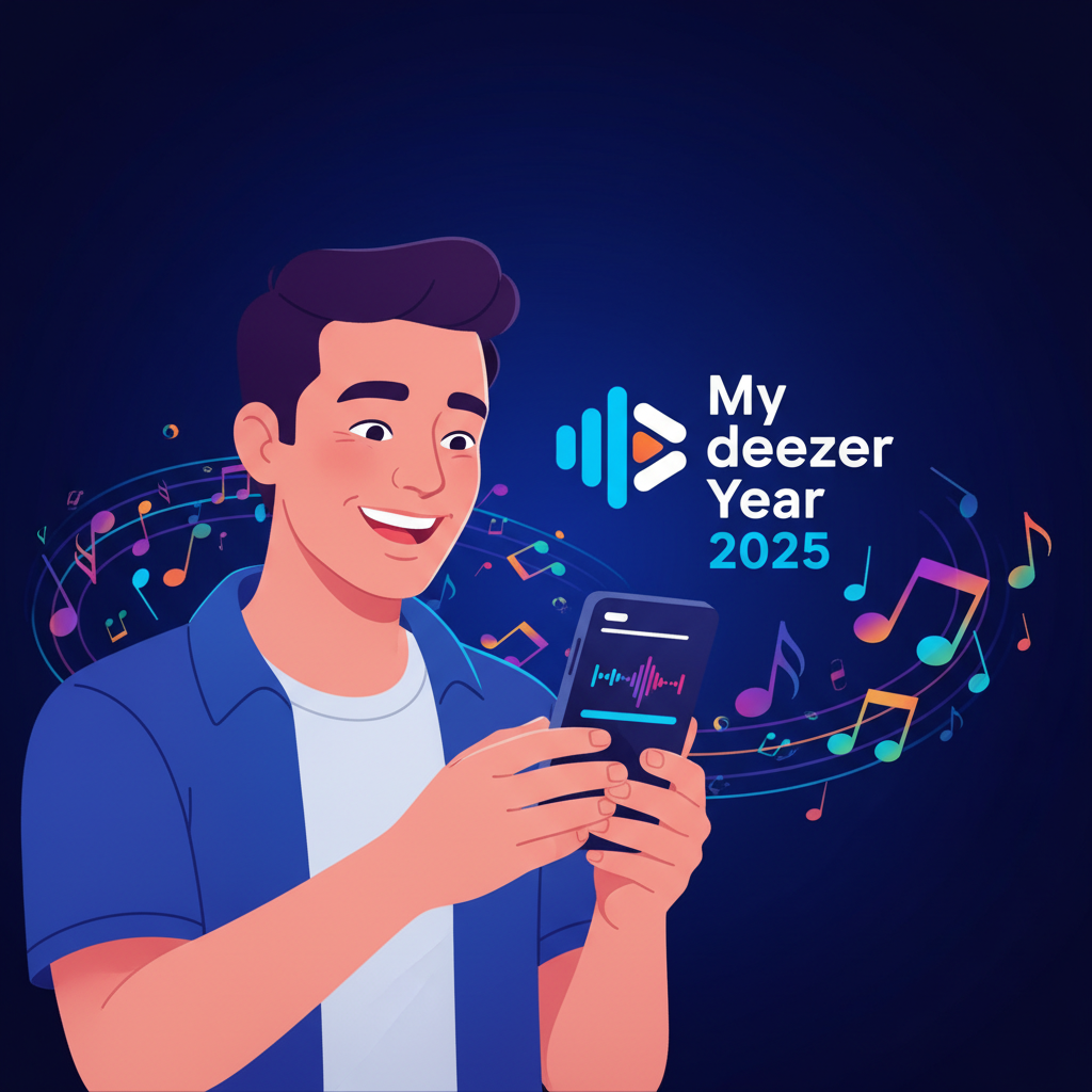 A user happily reviewing their music data on a smartphone, with colorful musical notes and a "My Deezer Year 2025" logo subtly in the background. The scene has a clean infographic style, modern layout, and high contrast. No visible text on the screen or in the image itself.